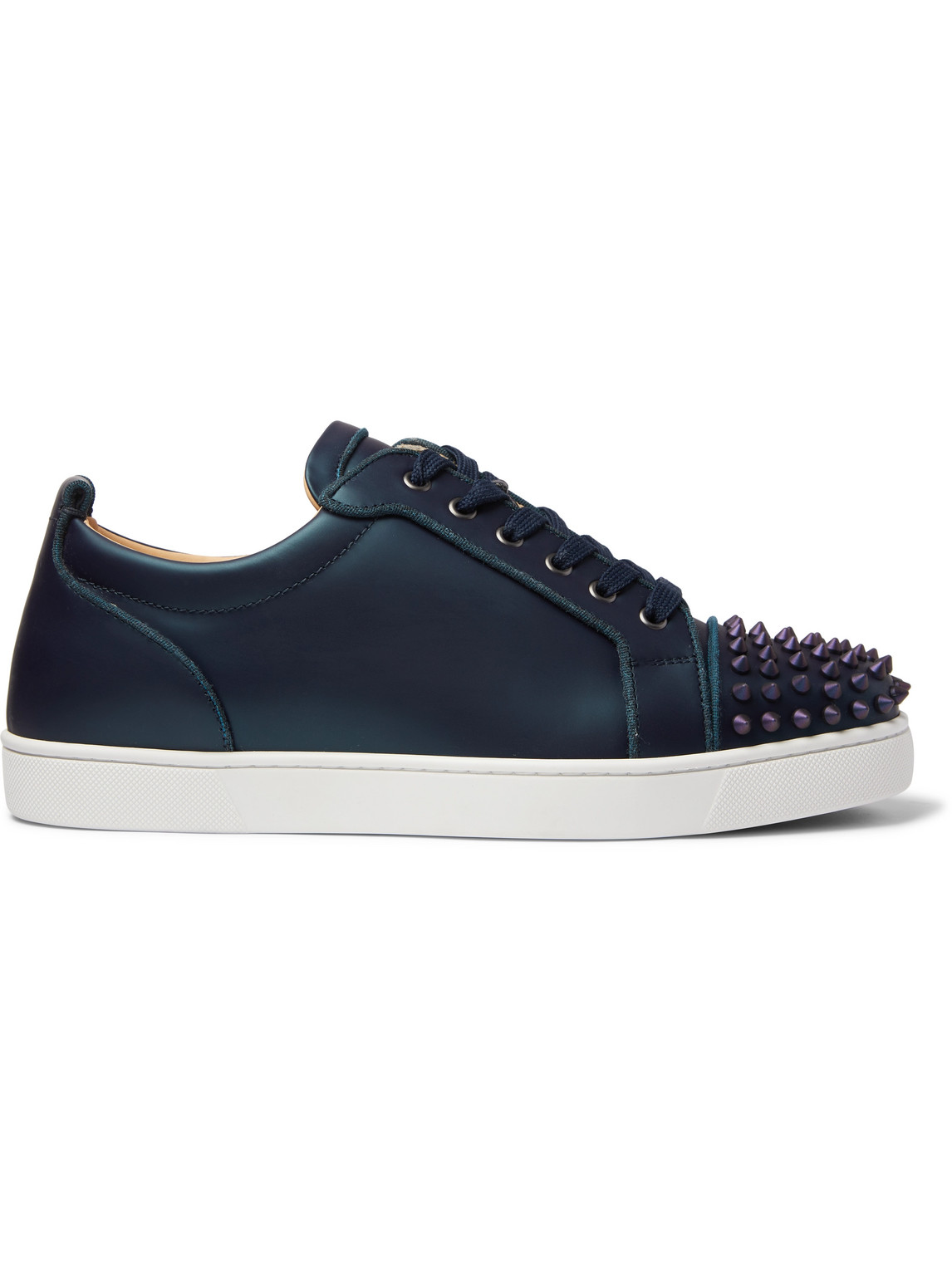 Christian Louboutin Louis Junior Spikes Cap-toe Iridescent Leather Sneakers In Blue