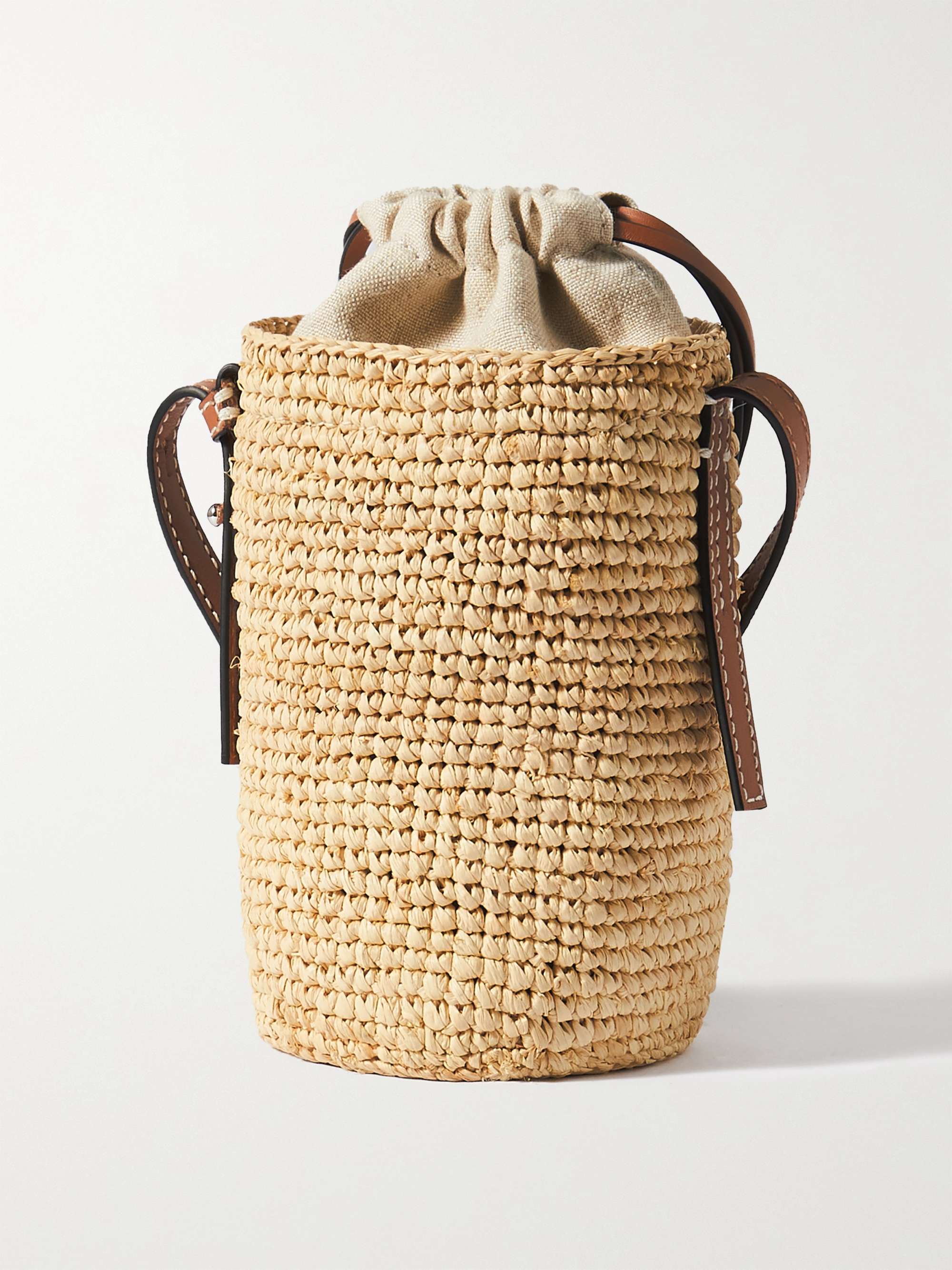LOEWE + Paula's Ibiza Leather-Trimmed Woven Raffia Pouch