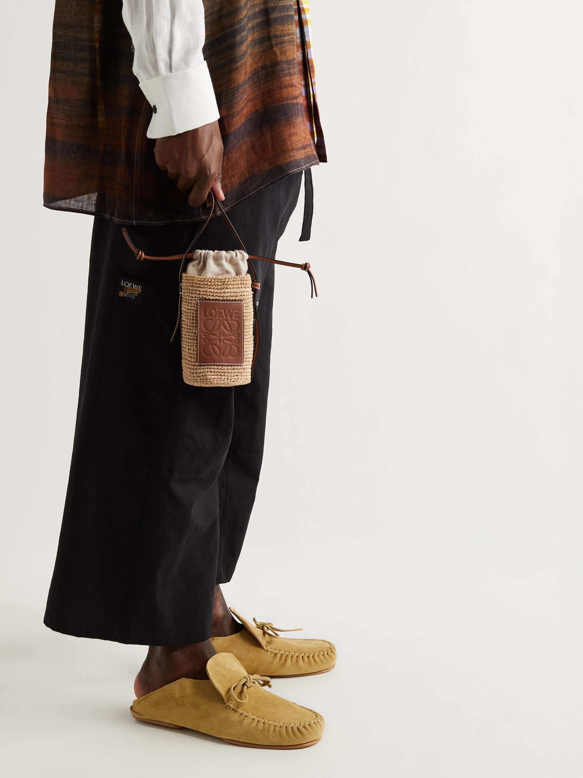 LOEWE + Paula's Ibiza Leather-Trimmed Woven Raffia Pouch