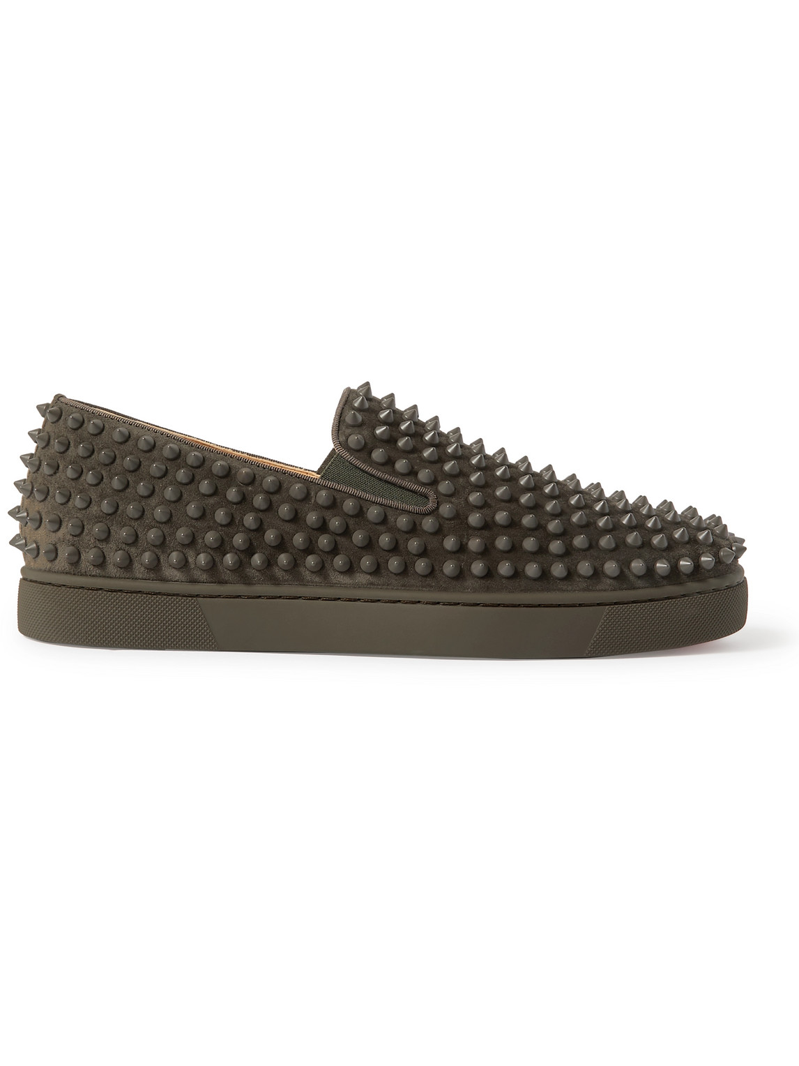 CHRISTIAN LOUBOUTIN ROLLER-BOAT SPIKED SUEDE SLIP-ON SNEAKERS