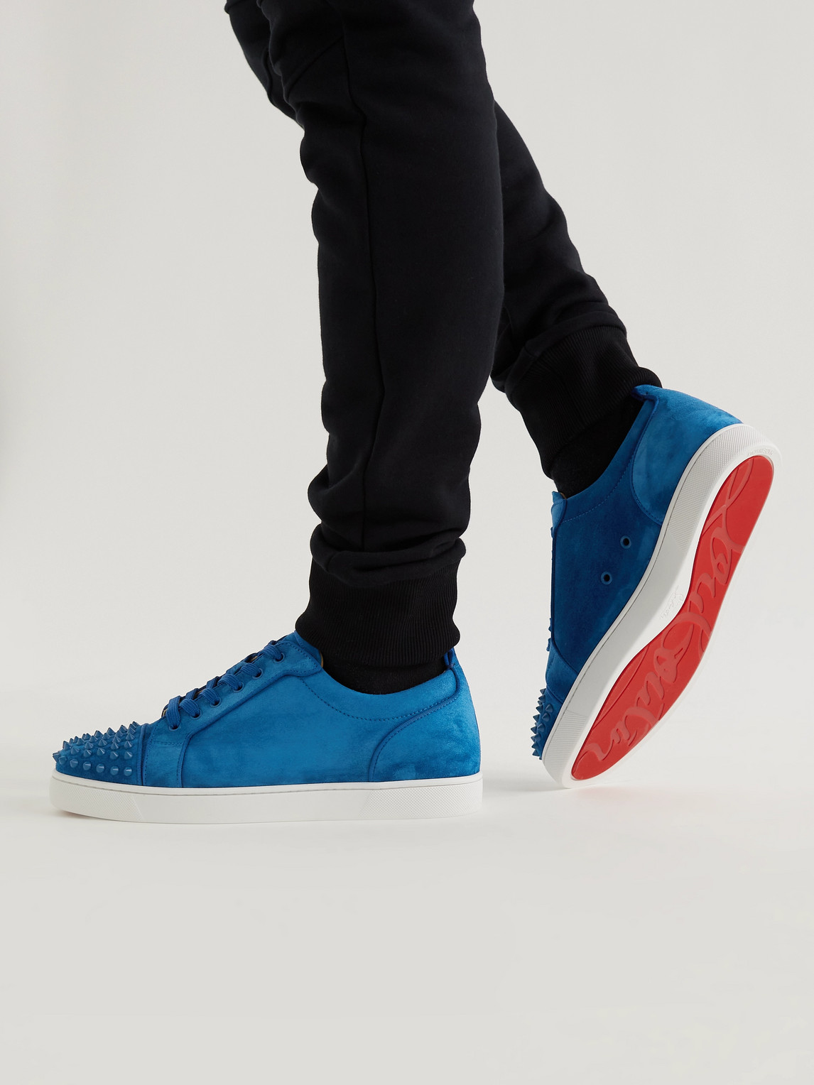 Shop Christian Louboutin Louis Junior Spikes Cap-toe Suede Sneakers In Blue