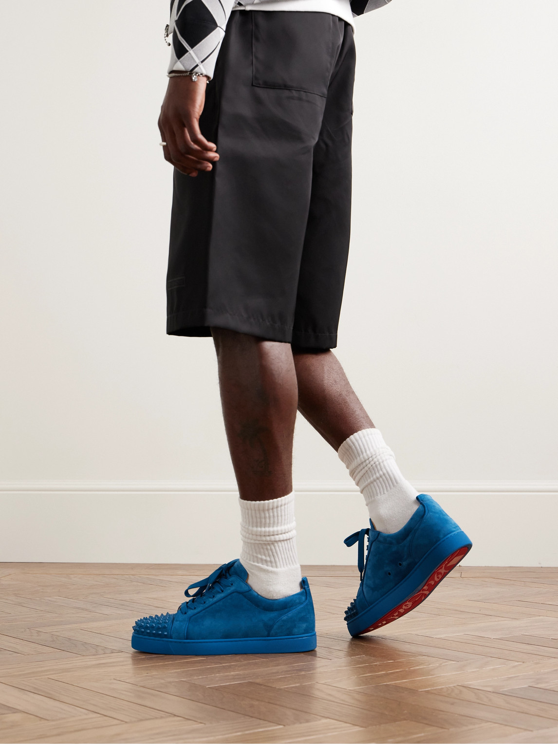 Shop Christian Louboutin Louis Junior Spikes Cap-toe Suede Sneakers In Blue