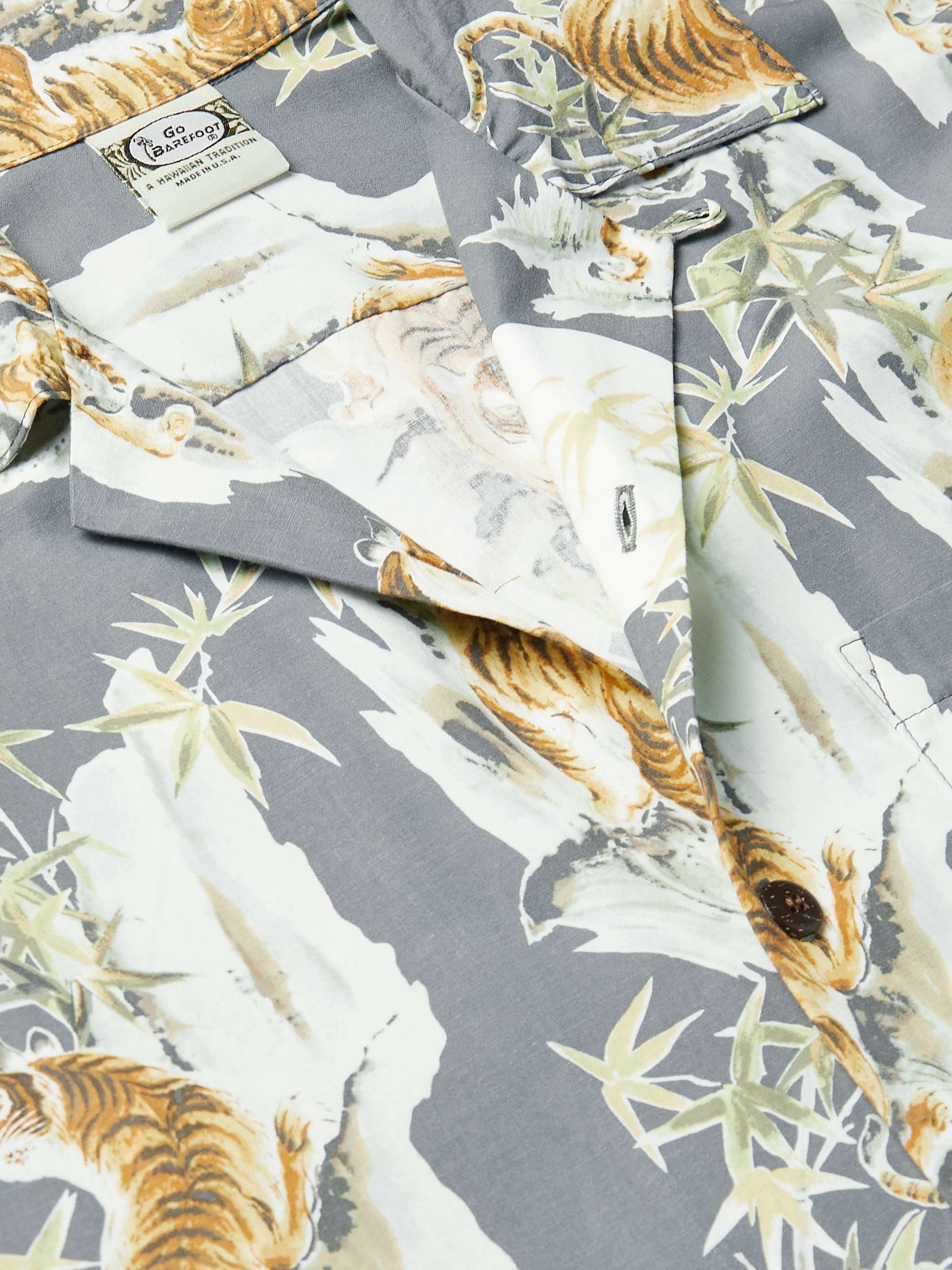 GO BAREFOOT Tiger Faded Camp-Collar Printed Cotton Shirt