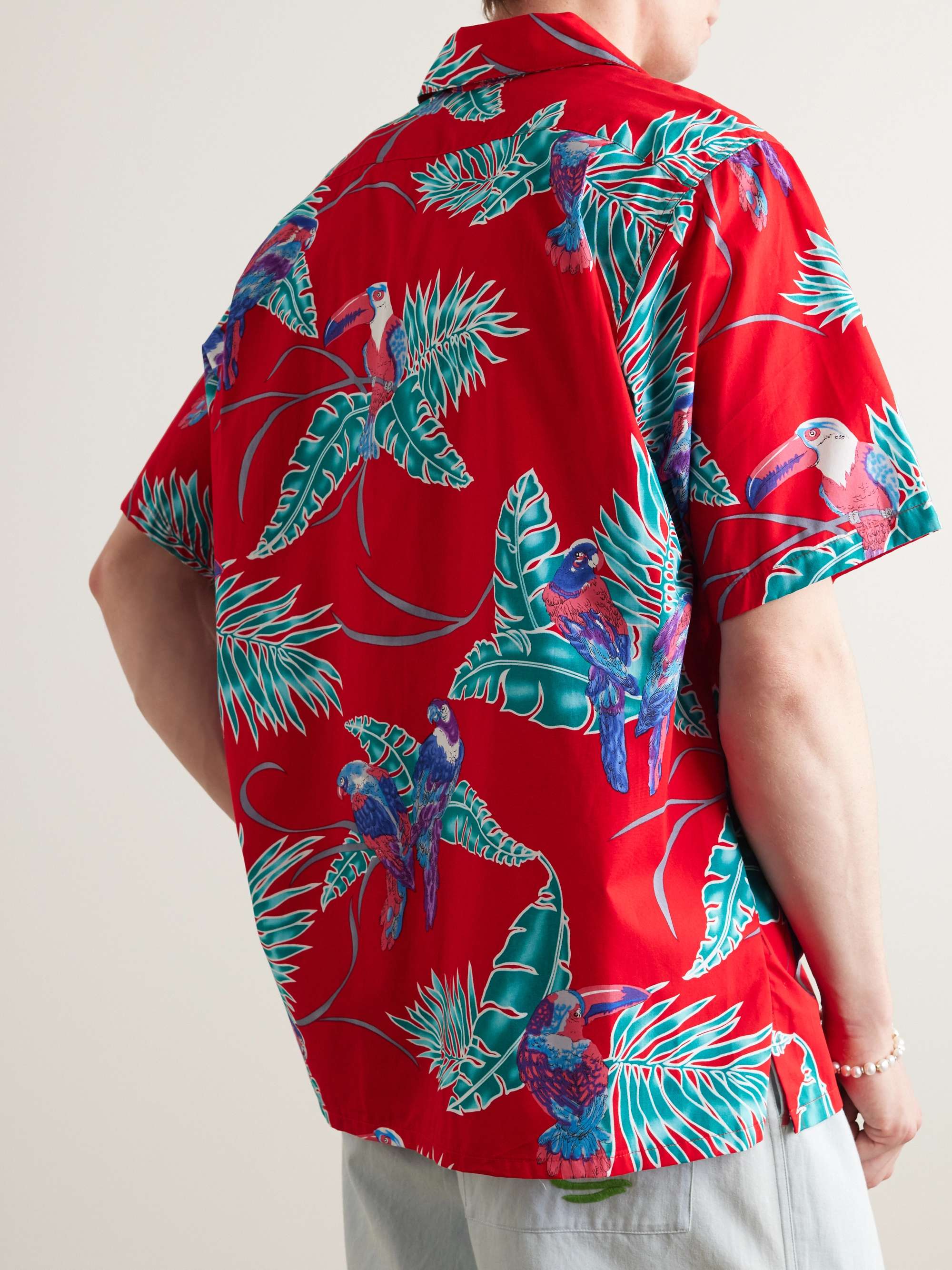GO BAREFOOT Tropical Birds Camp-Collar Printed Cotton Shirt