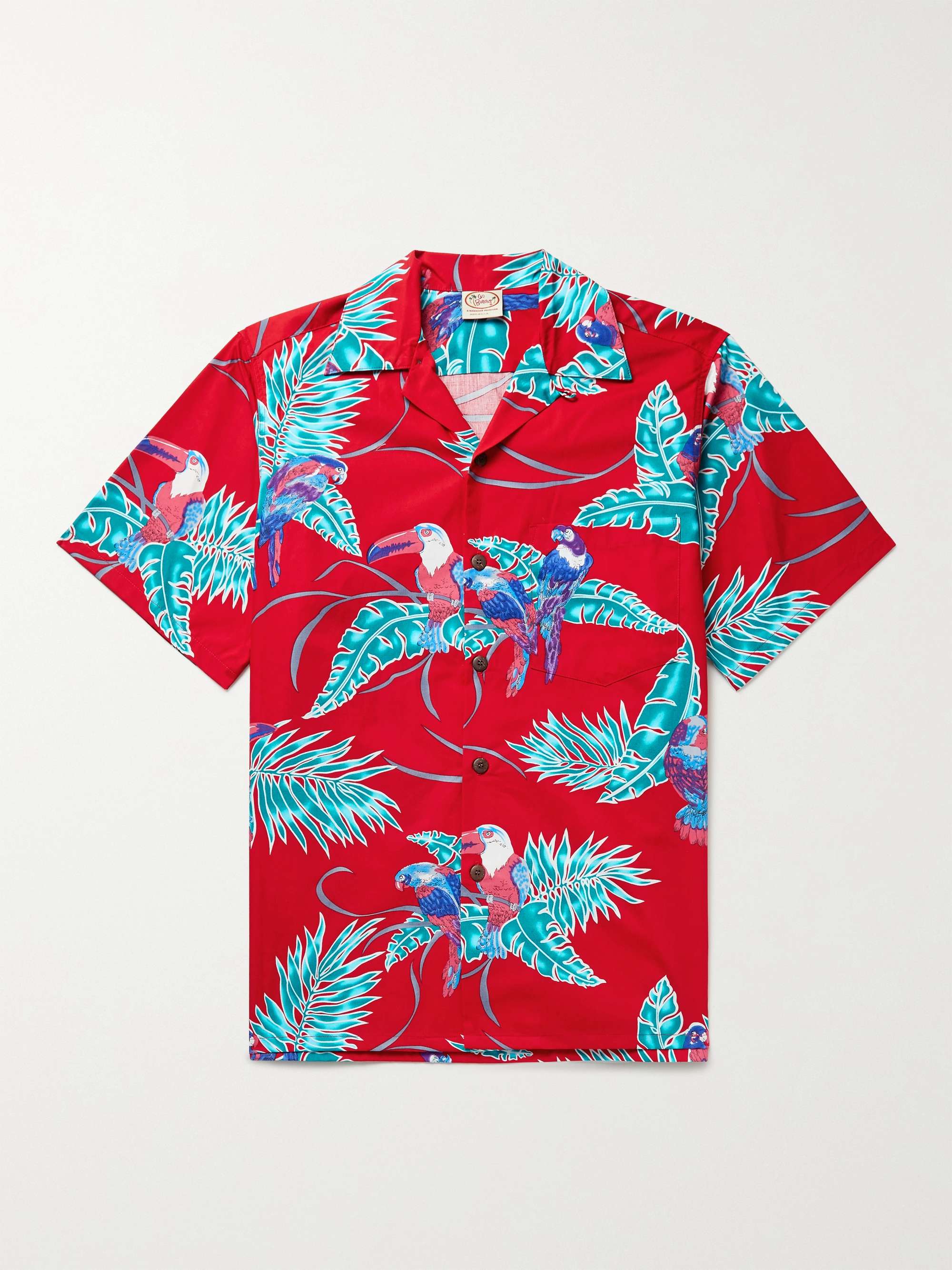 GO BAREFOOT Tropical Birds Camp-Collar Printed Cotton Shirt