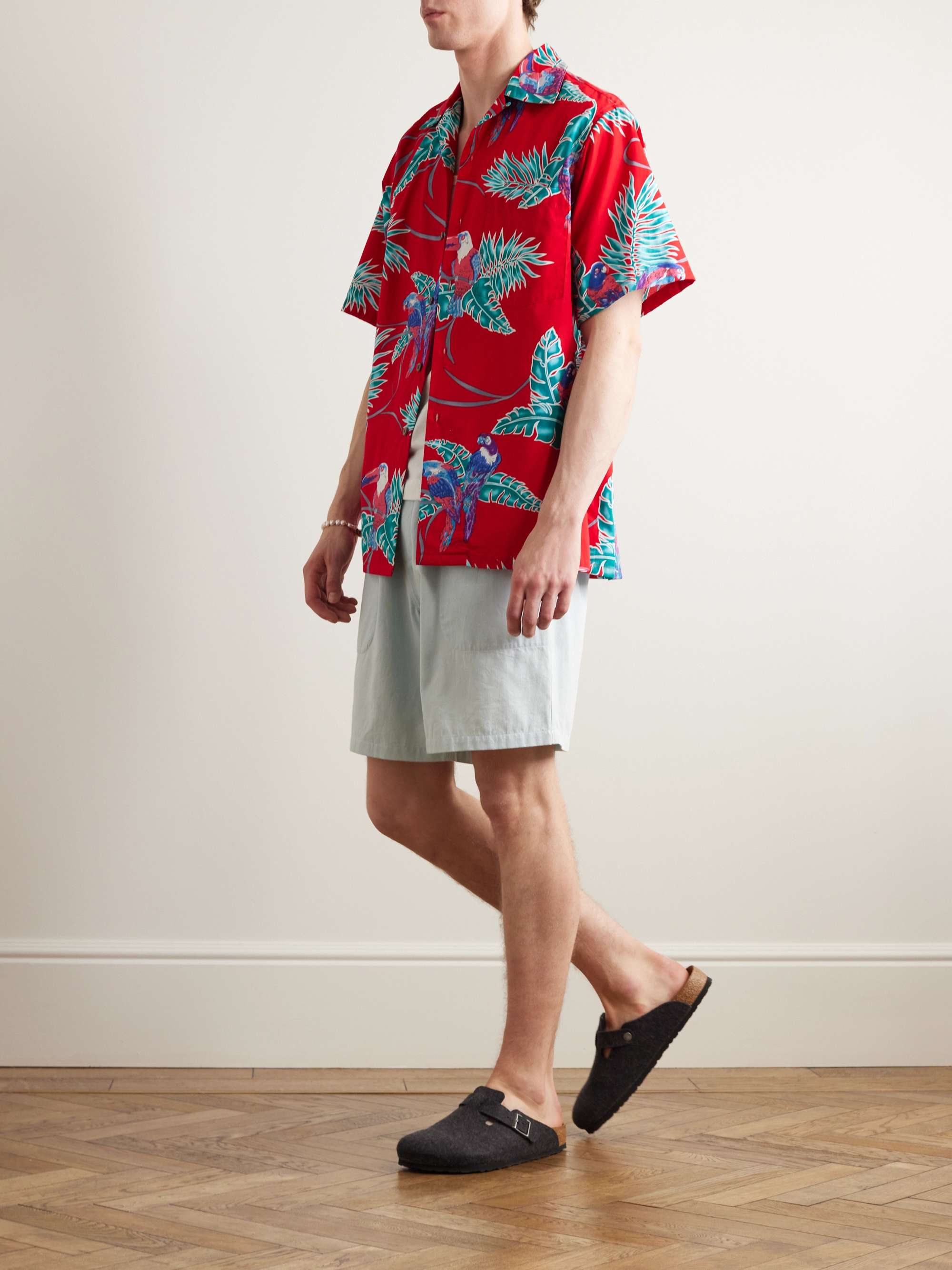 GO BAREFOOT Tropical Birds Camp-Collar Printed Cotton Shirt