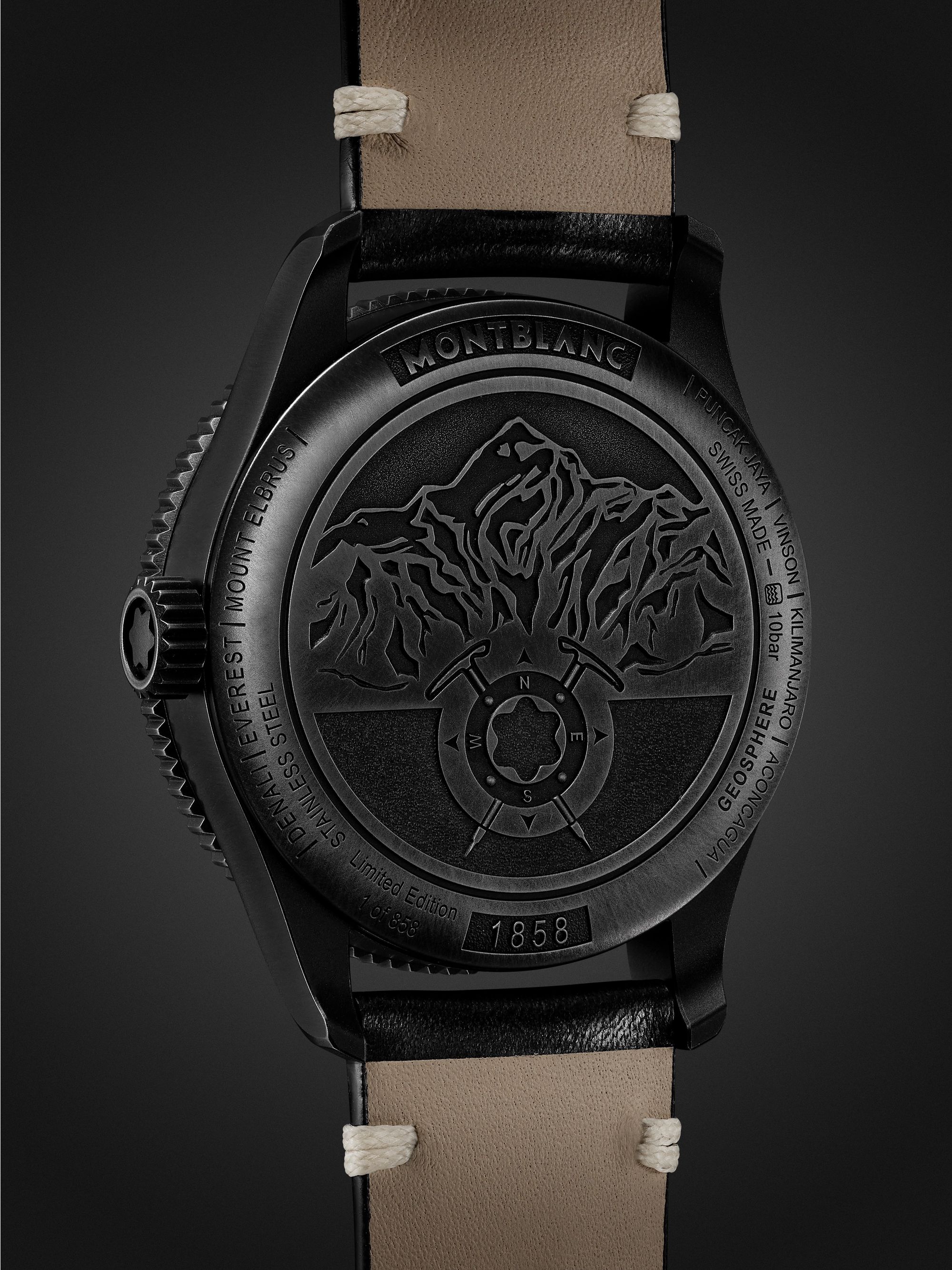 MONTBLANC 1858 Geosphere Limited Edition Automatic 42mm Distressed Stainless Steel and Leather Watch, Ref. No. 128257