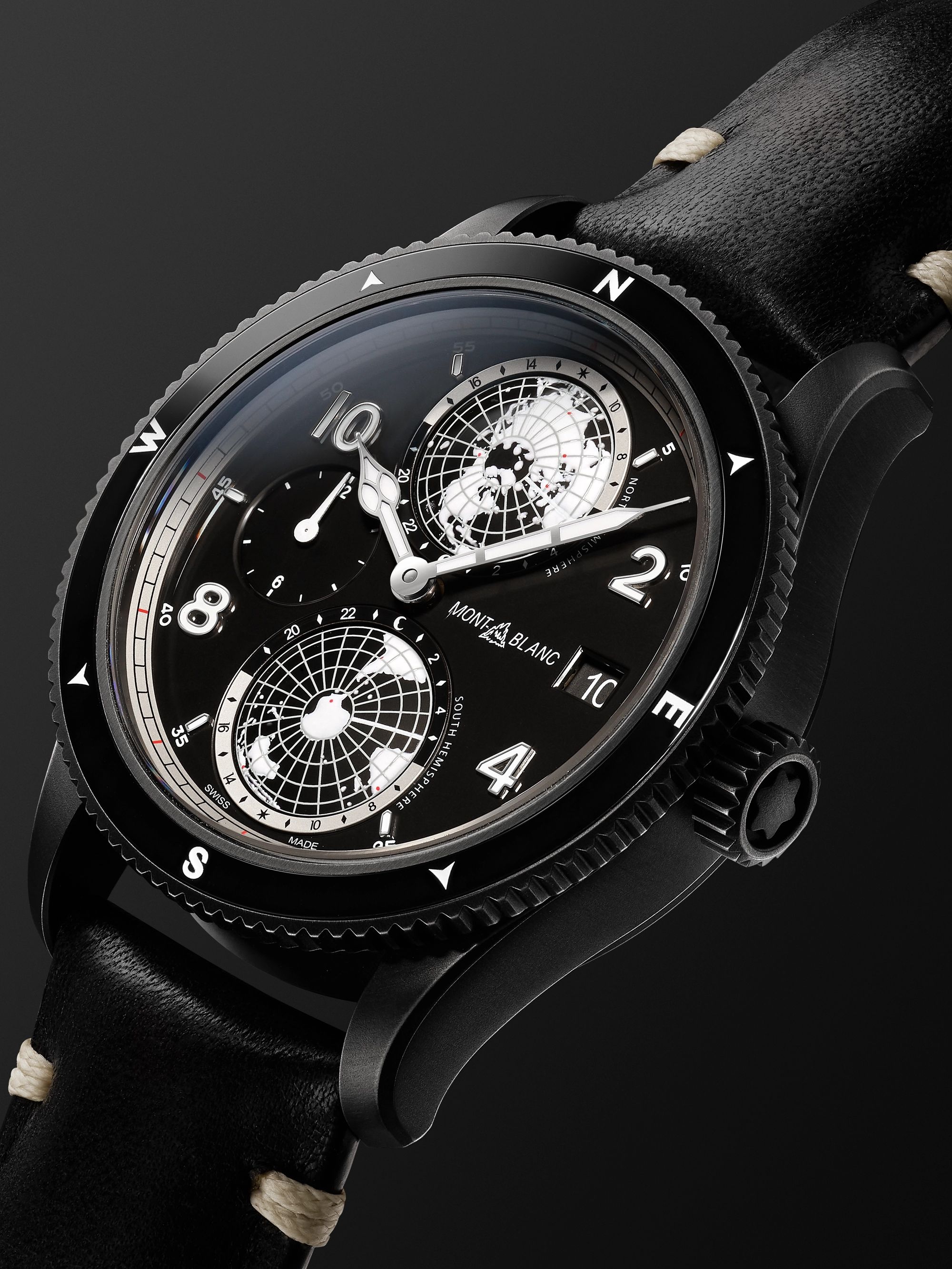 MONTBLANC 1858 Geosphere Limited Edition Automatic 42mm Distressed Stainless Steel and Leather Watch, Ref. No. 128257