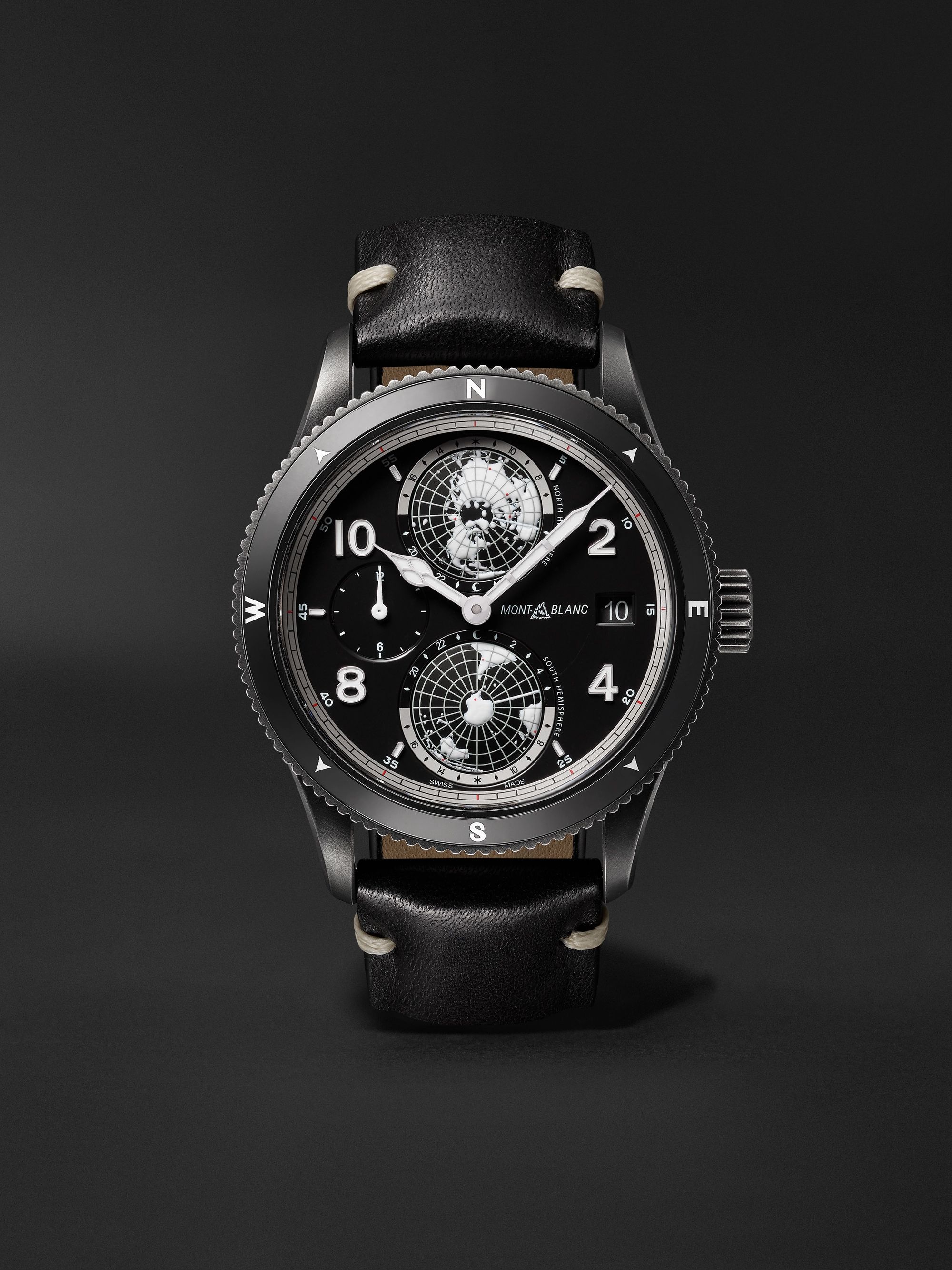 MONTBLANC 1858 Geosphere Limited Edition Automatic 42mm Distressed Stainless Steel and Leather Watch, Ref. No. 128257
