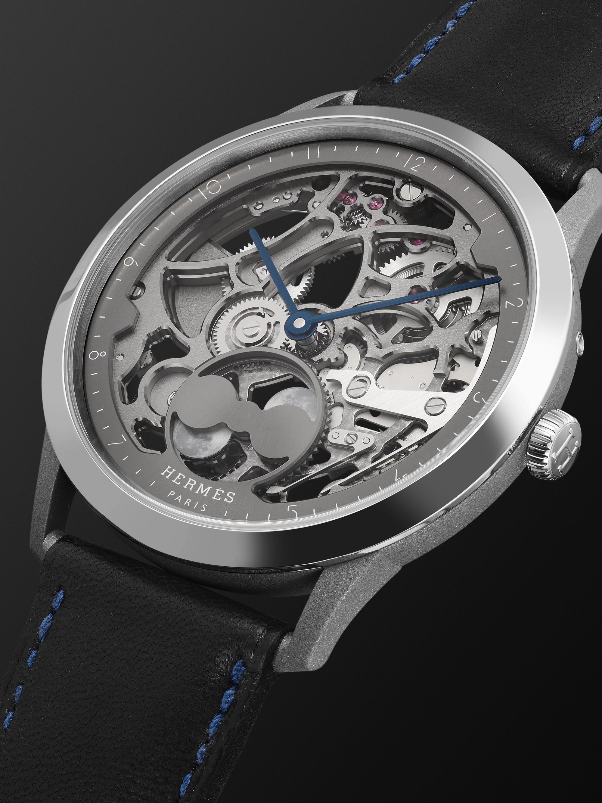 HERMÈS TIMEPIECES Slim d'Hermès Squelette Lune 39.5mm Automatic Titanium and Leather Watch, Ref. No. 054695WW00