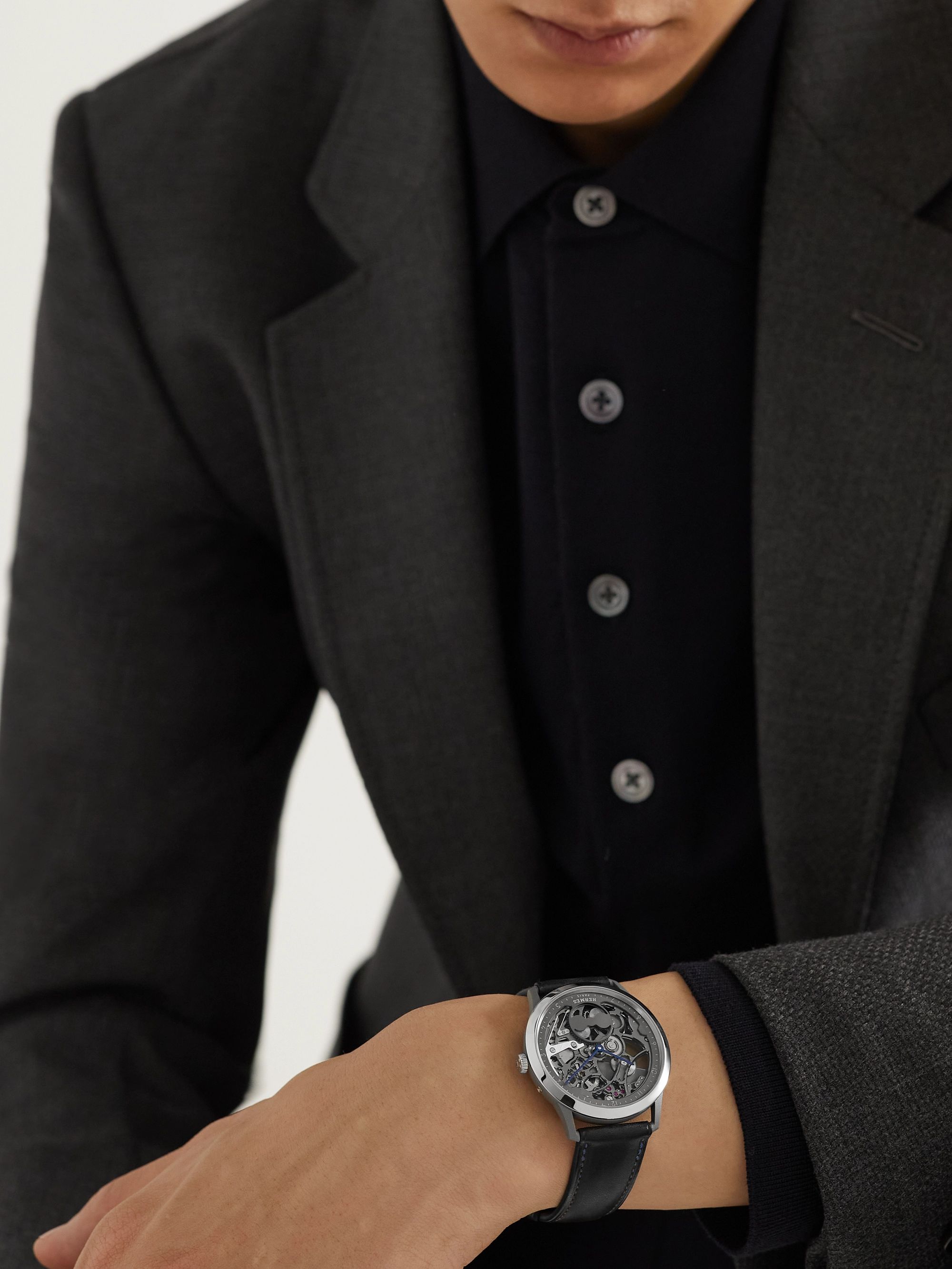 HERMÈS TIMEPIECES Slim d'Hermès Squelette Lune 39.5mm Automatic Titanium and Leather Watch, Ref. No. 054695WW00