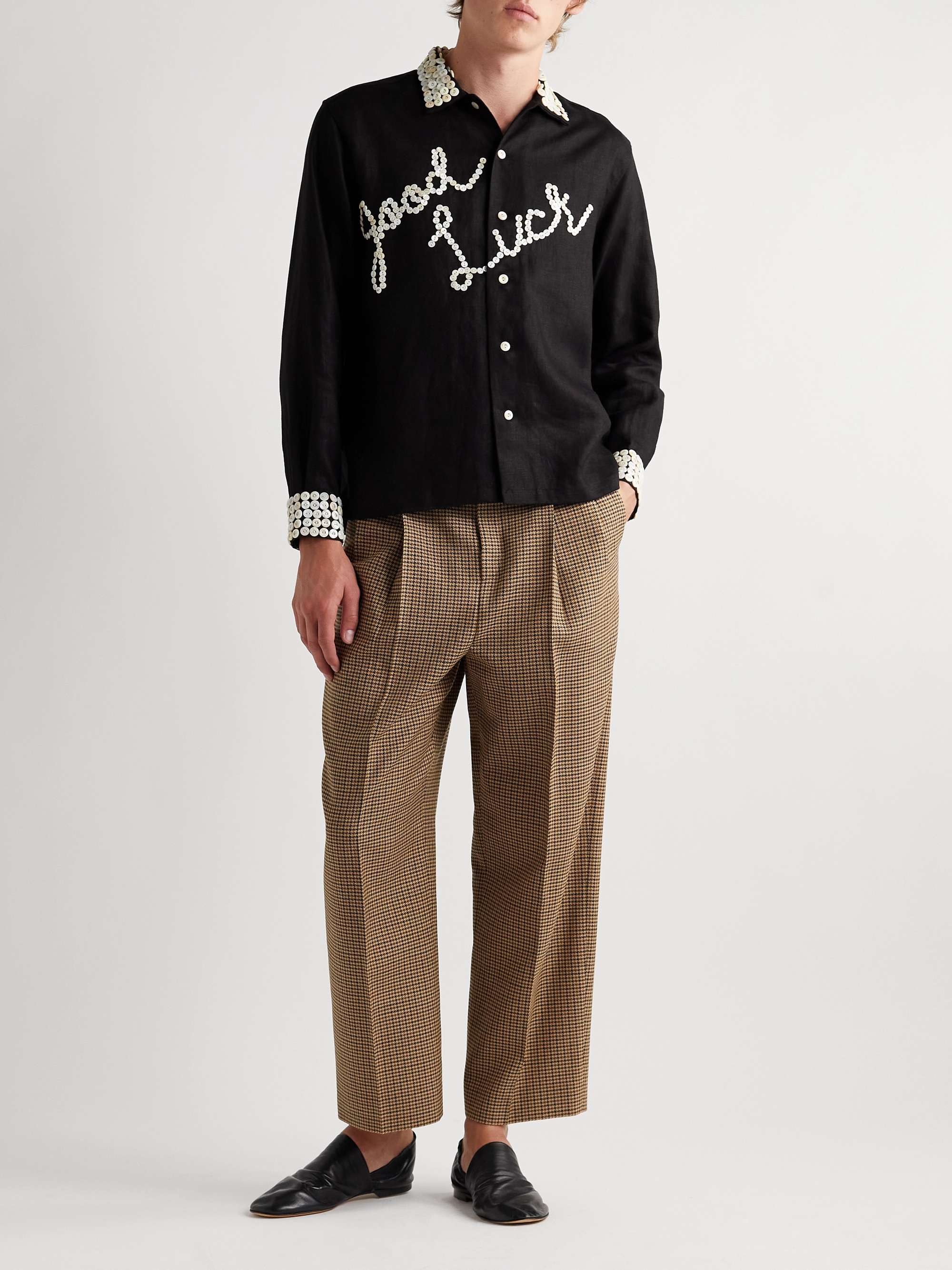 BODE Good Luck Button-Embellished Linen Shirt