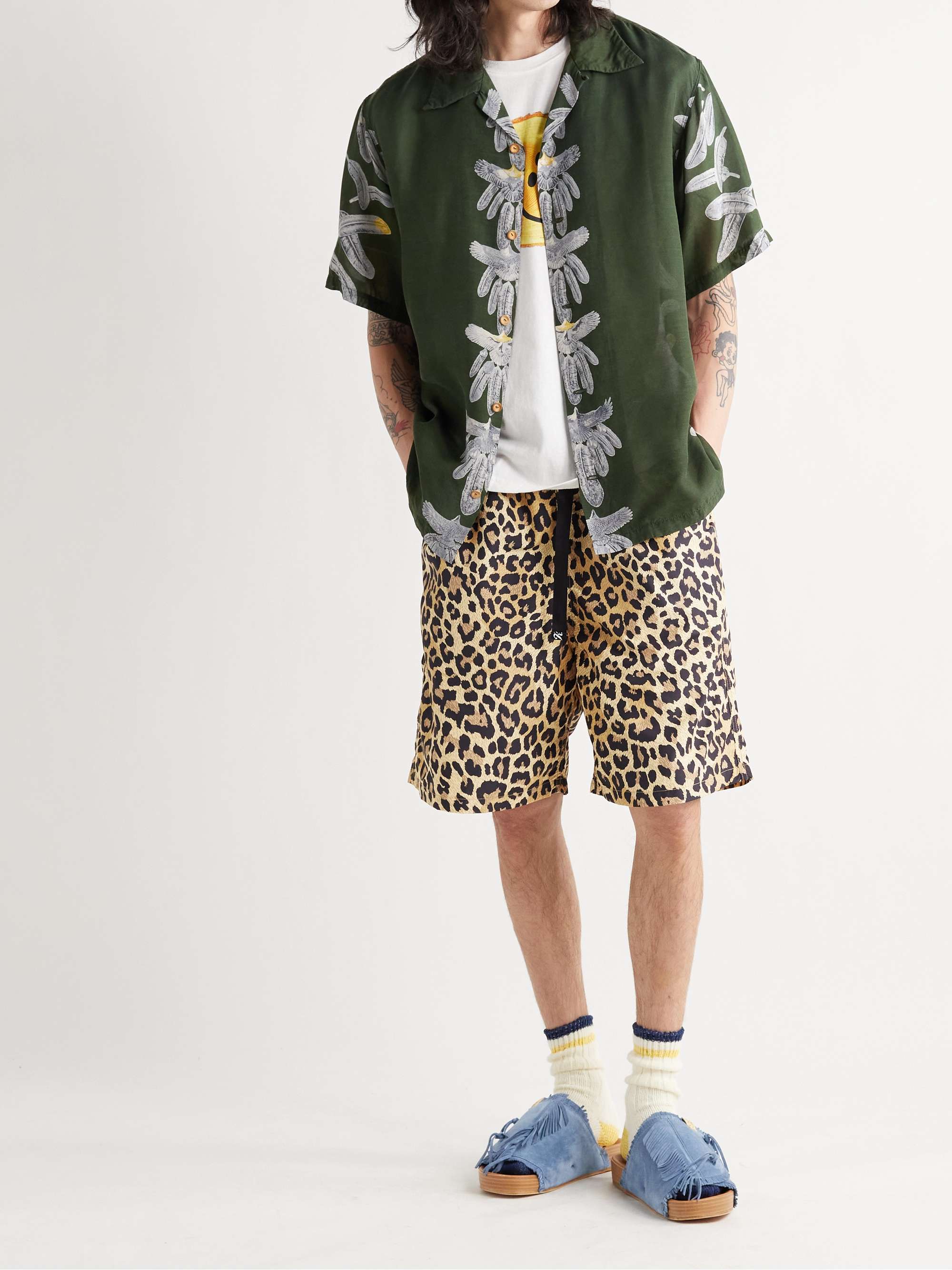 KAPITAL Wide-Leg Leopard-Print Poplin Shorts