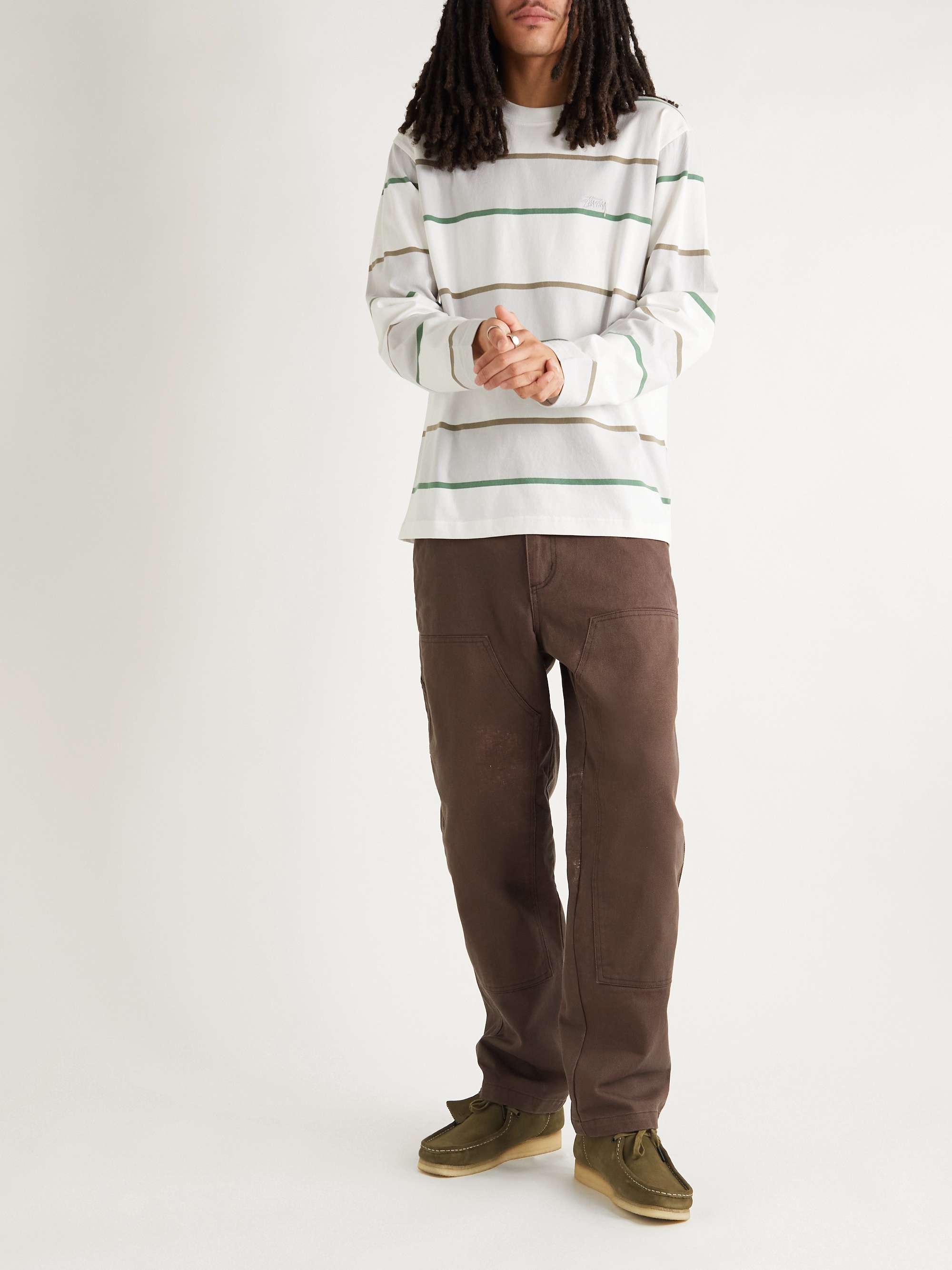 STÜSSY Logo-Embroidered Striped Cotton-Jersey T-Shirt
