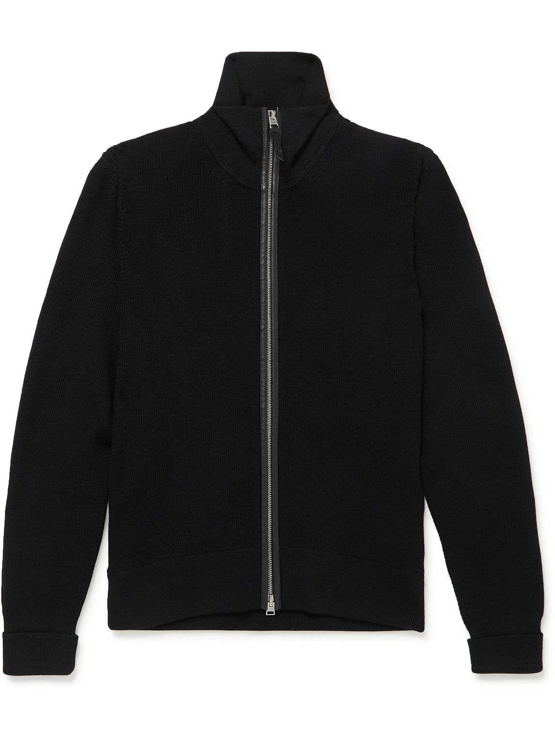 Tom Ford Slim-fit Leather-trimmed Wool Zip-up Cardigan In Black