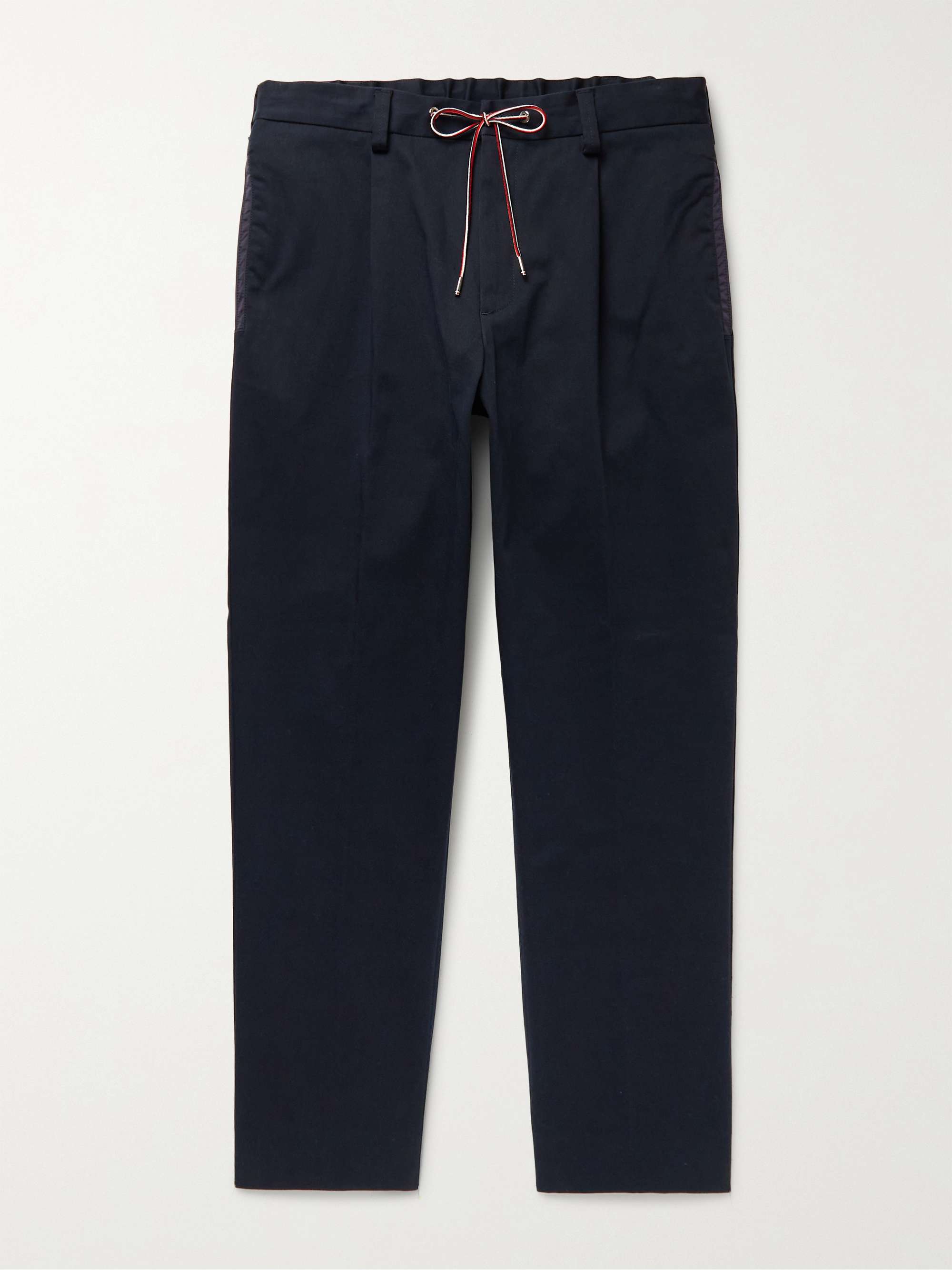 MONCLER Pleated Shell-Trimmed Cotton-Blend Twill Drawstring Trousers