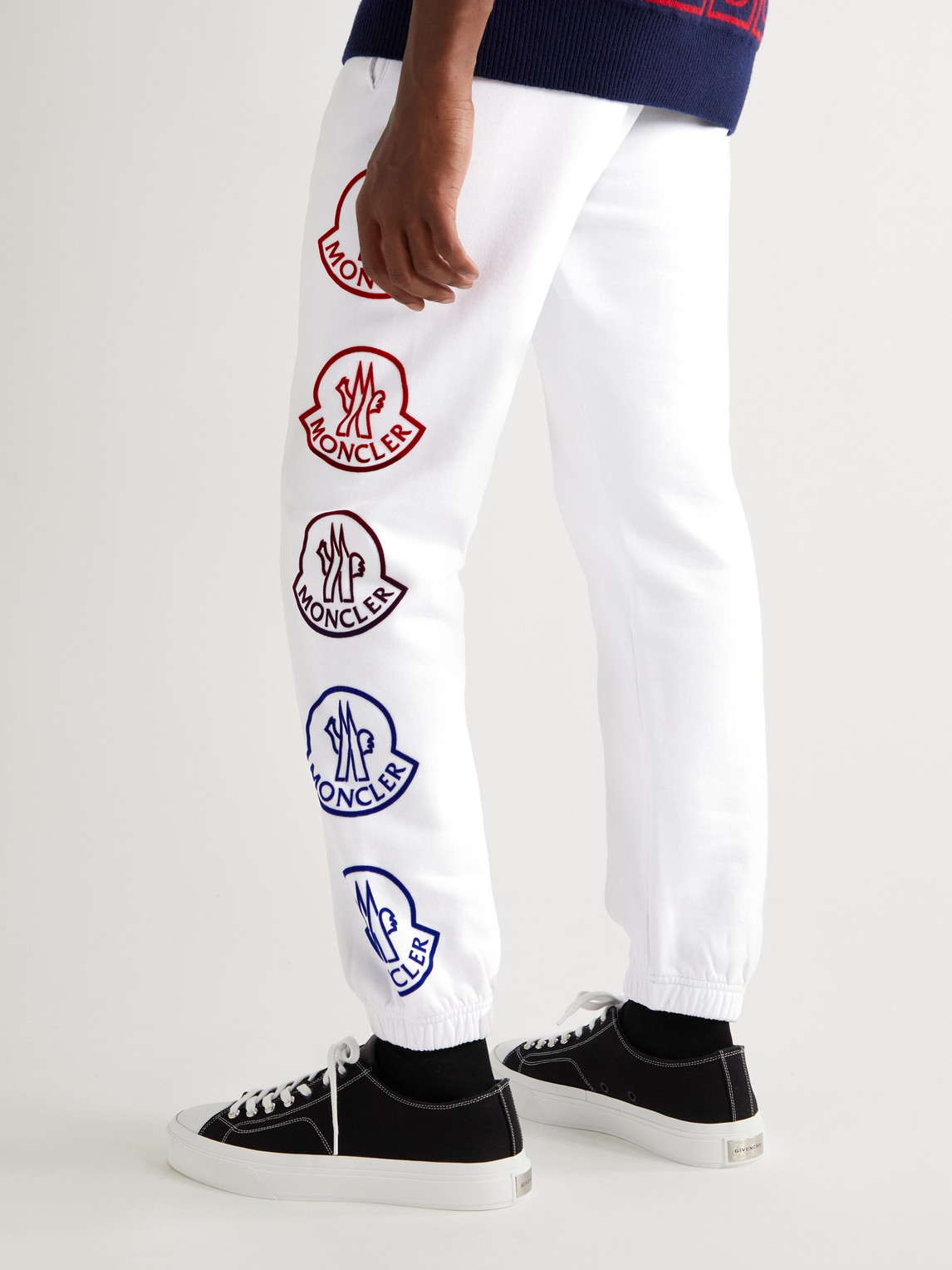 Shop Moncler Tapered Logo-print Cotton-jersey Sweatpants In White