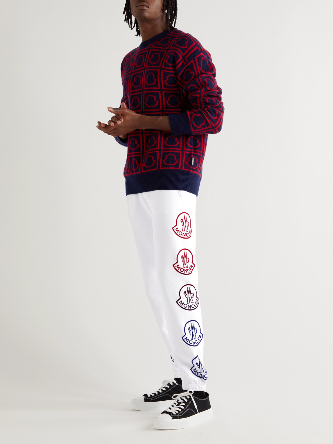 Shop Moncler Tapered Logo-print Cotton-jersey Sweatpants In White