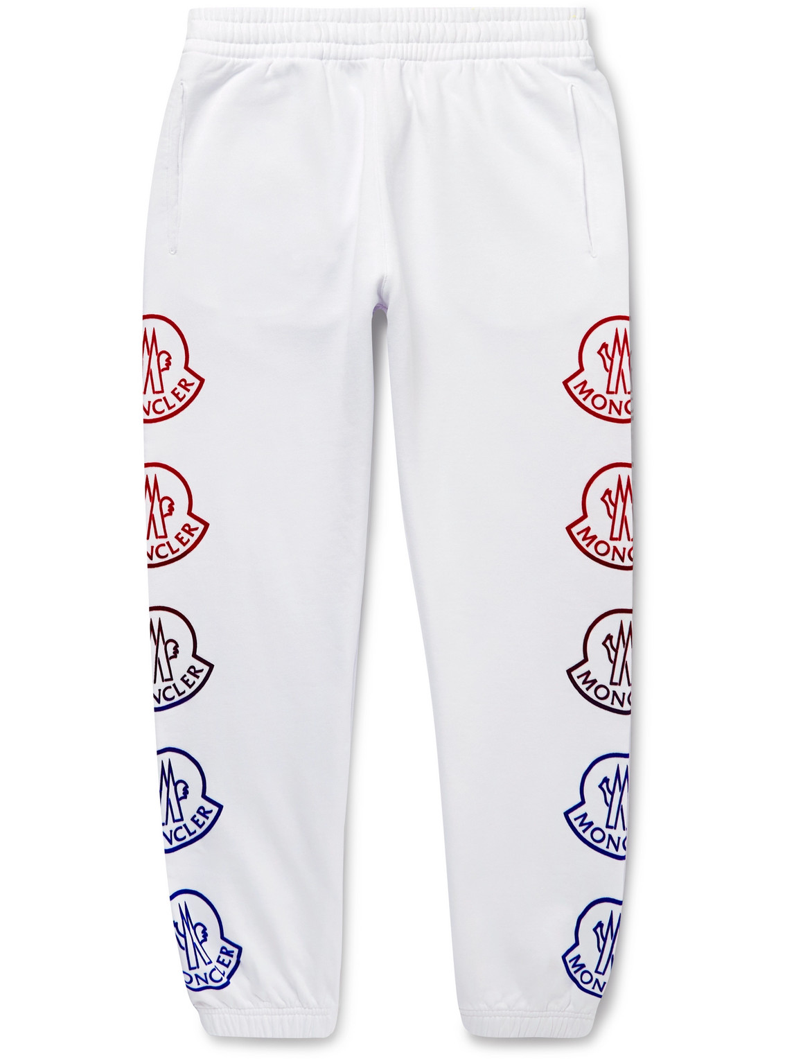 Shop Moncler Tapered Logo-print Cotton-jersey Sweatpants In White