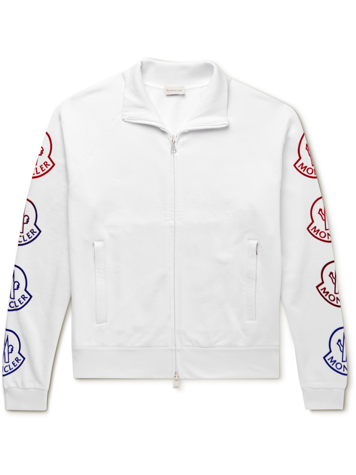 Shop Moncler Logo-flocked Cotton-jersey Zip-up Sweatshirt In White