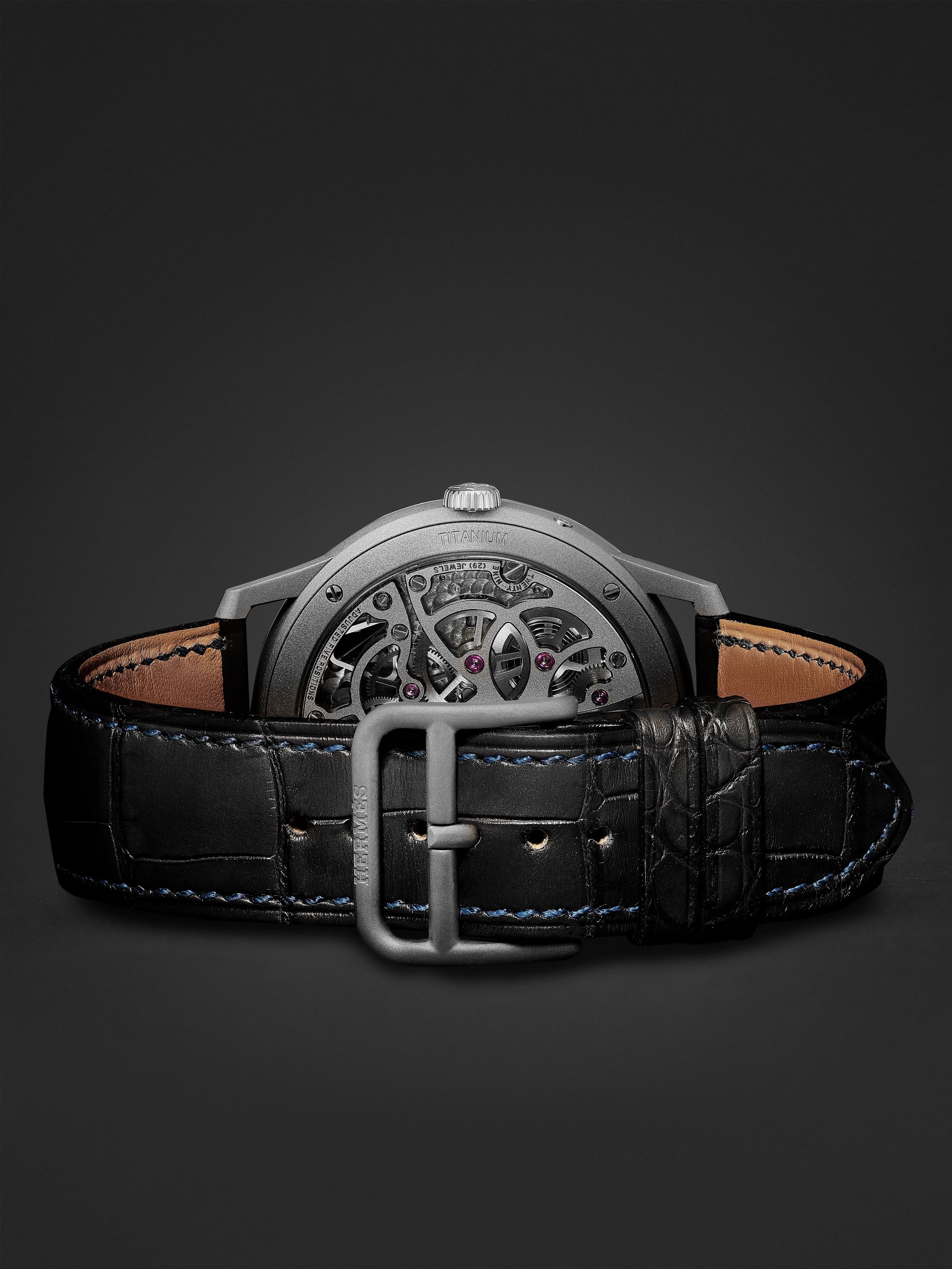 HERMÈS TIMEPIECES Slim d'Hermès Squelette Lune 39.5mm Automatic Titanium and Alligator Watch, Ref. No. 053606WW00