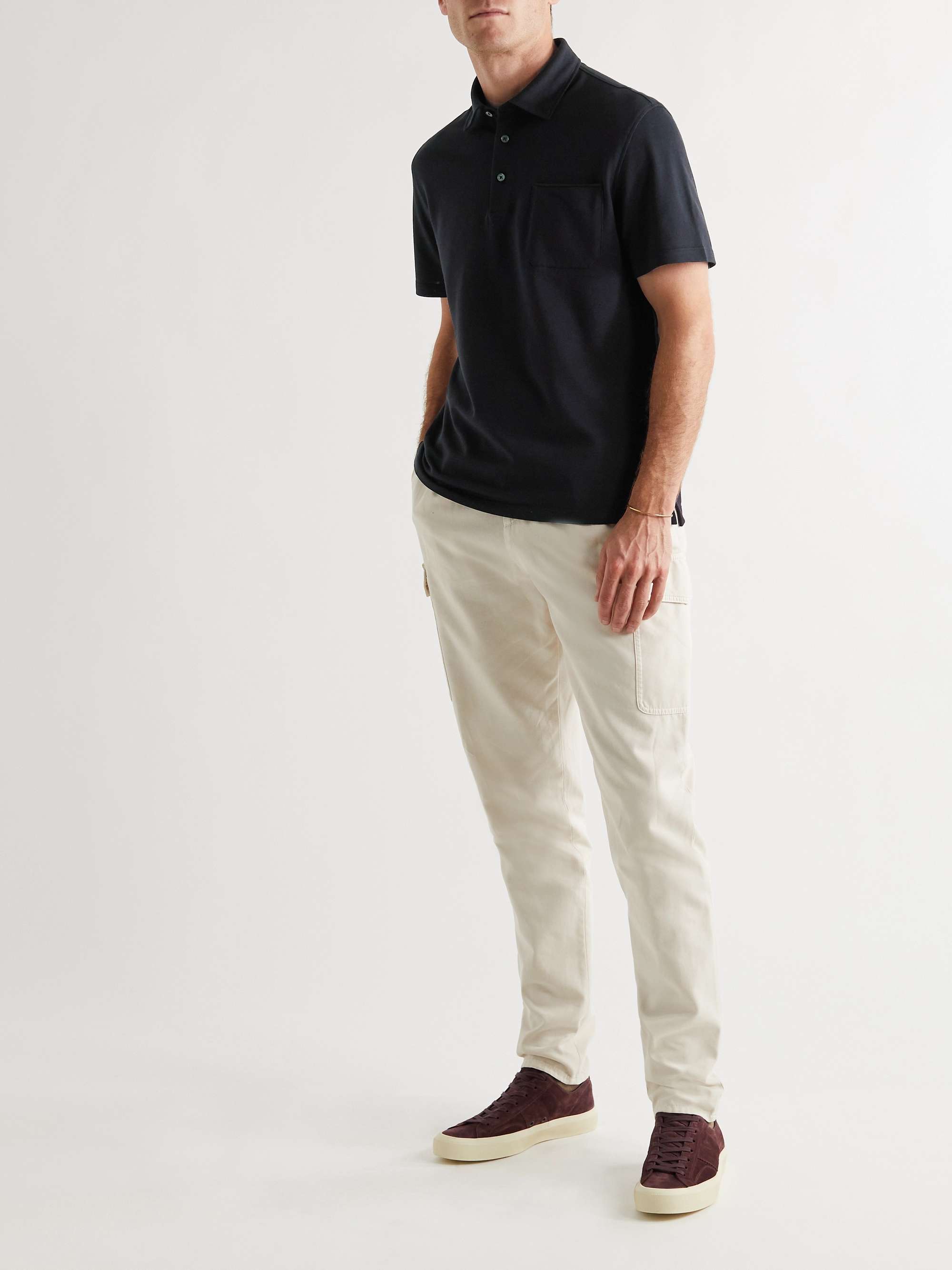 ZEGNA Suede-Trimmed Cotton-Piqué Polo Shirt