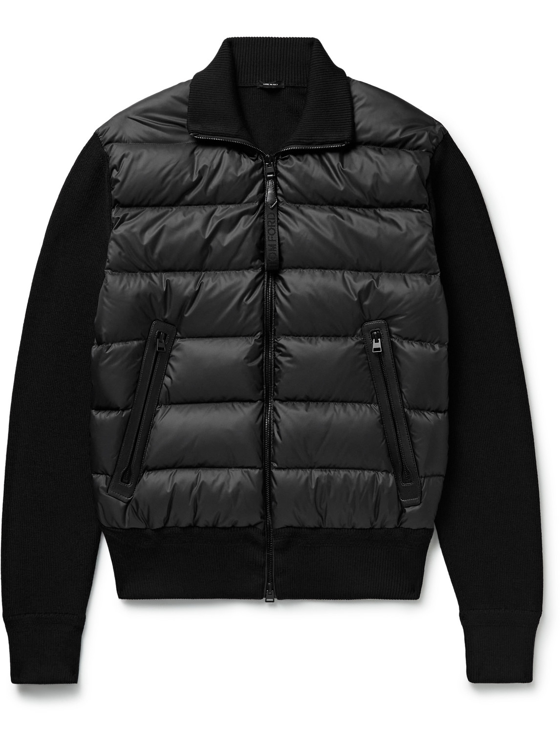 Tom Ford Slim-fit Leather-trimmed Ribbed Wool And Quilted Shell Down Jacket In Black