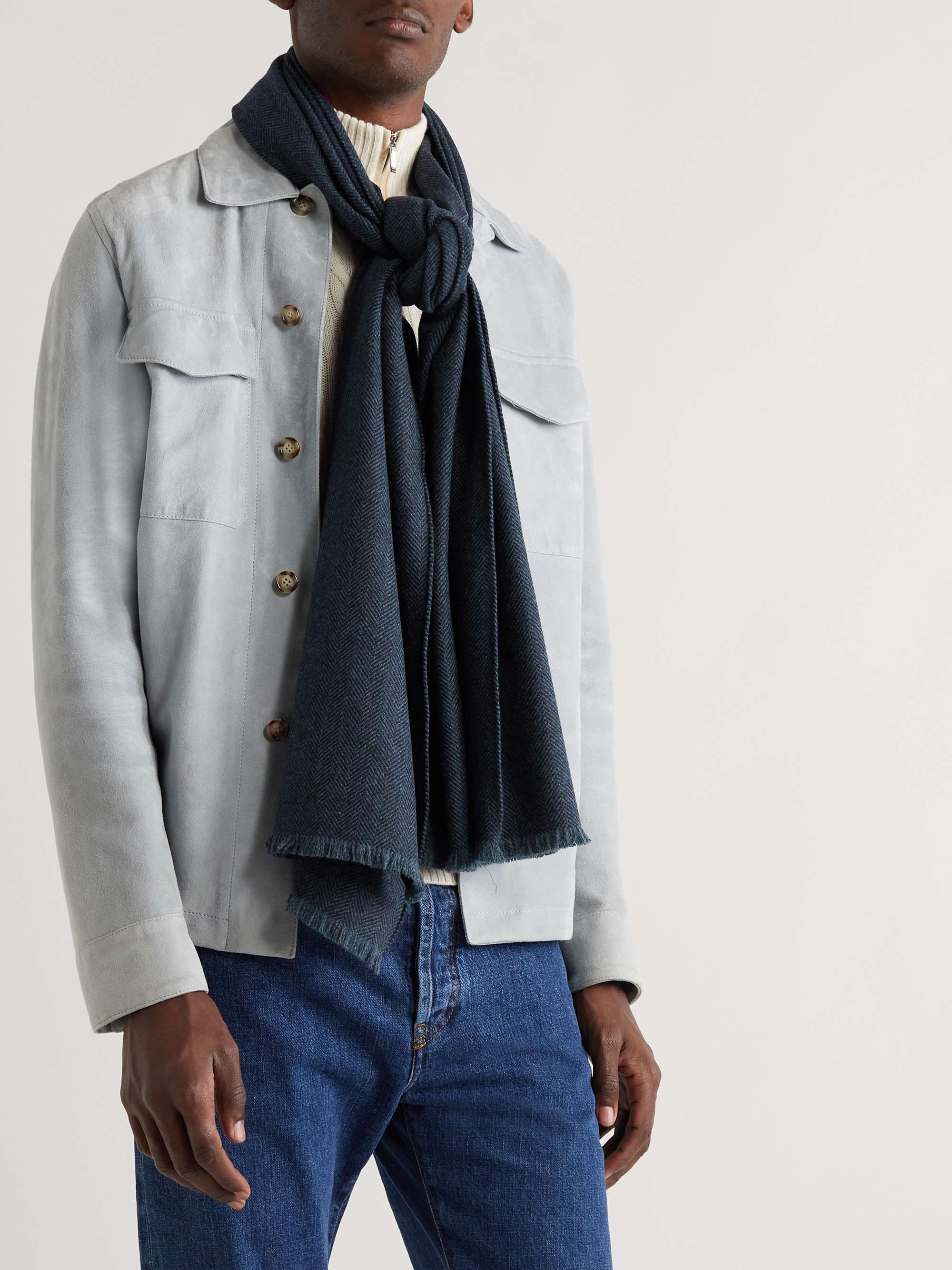 LORO PIANA Frayed Herringbone Cashmere Scarf