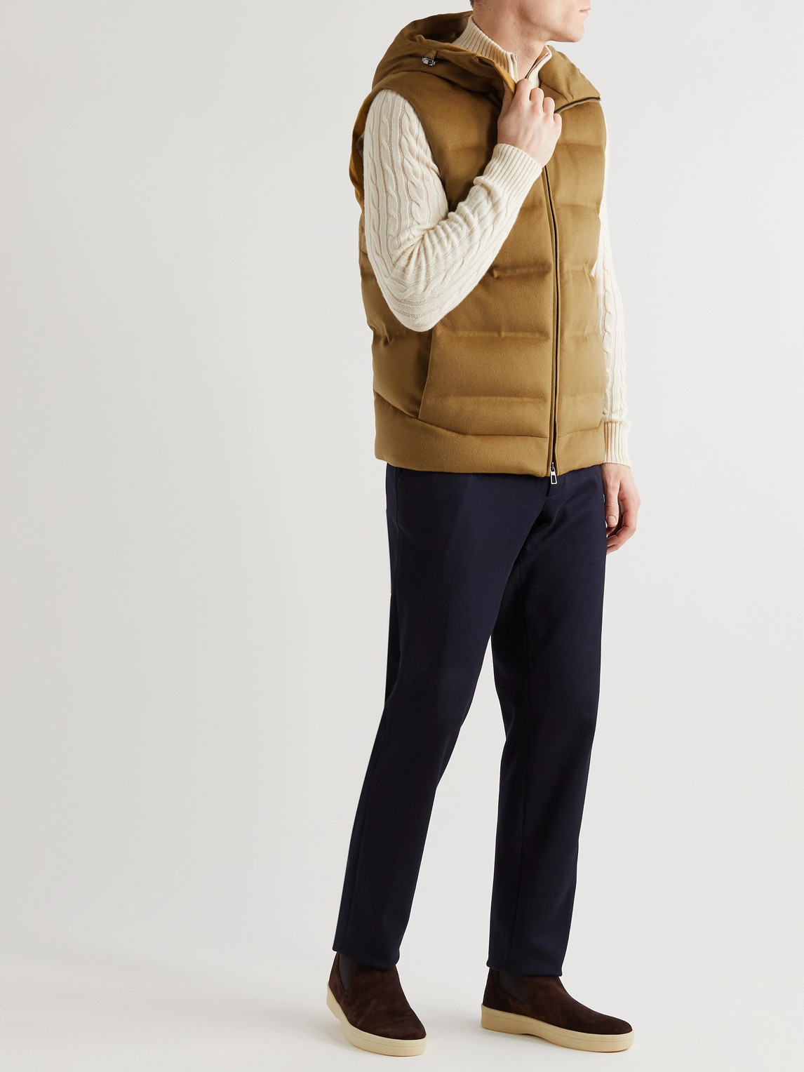 Loro Piana Fillmore Quilted Storm System Cashmere Hooded Down Gilet In Brown