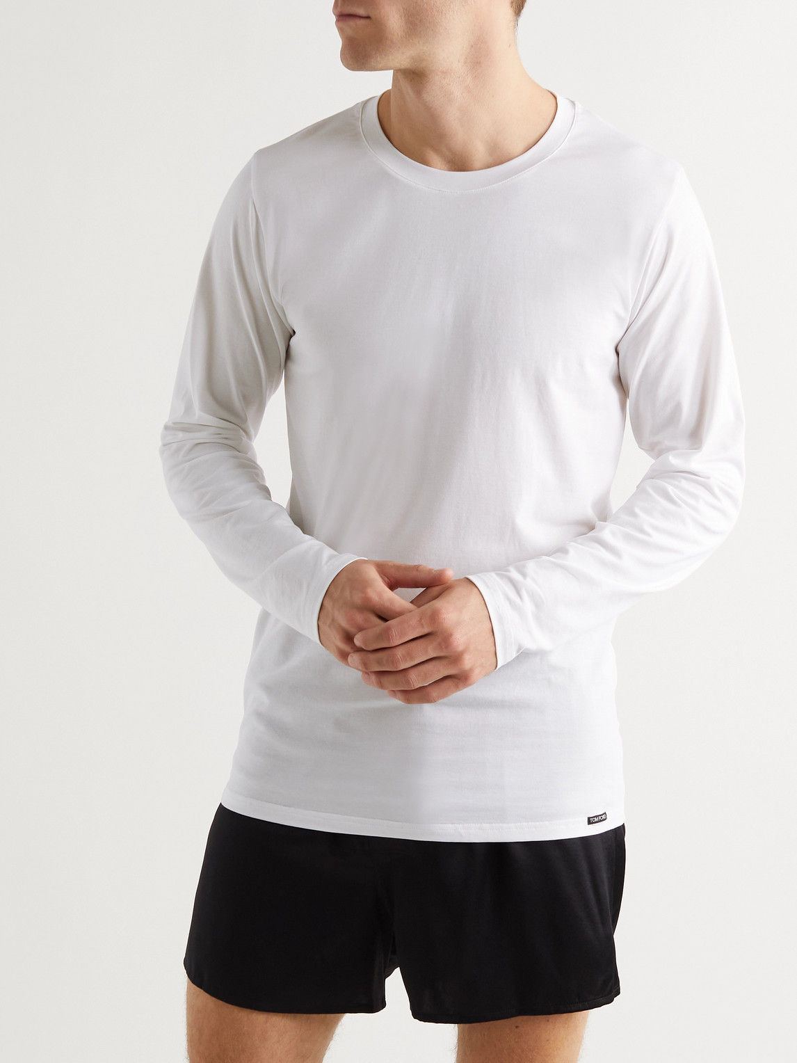 Tom Ford White Crewneck T-shirt With Tf Embroidery In Lyocell And Cotton Blend Man In White