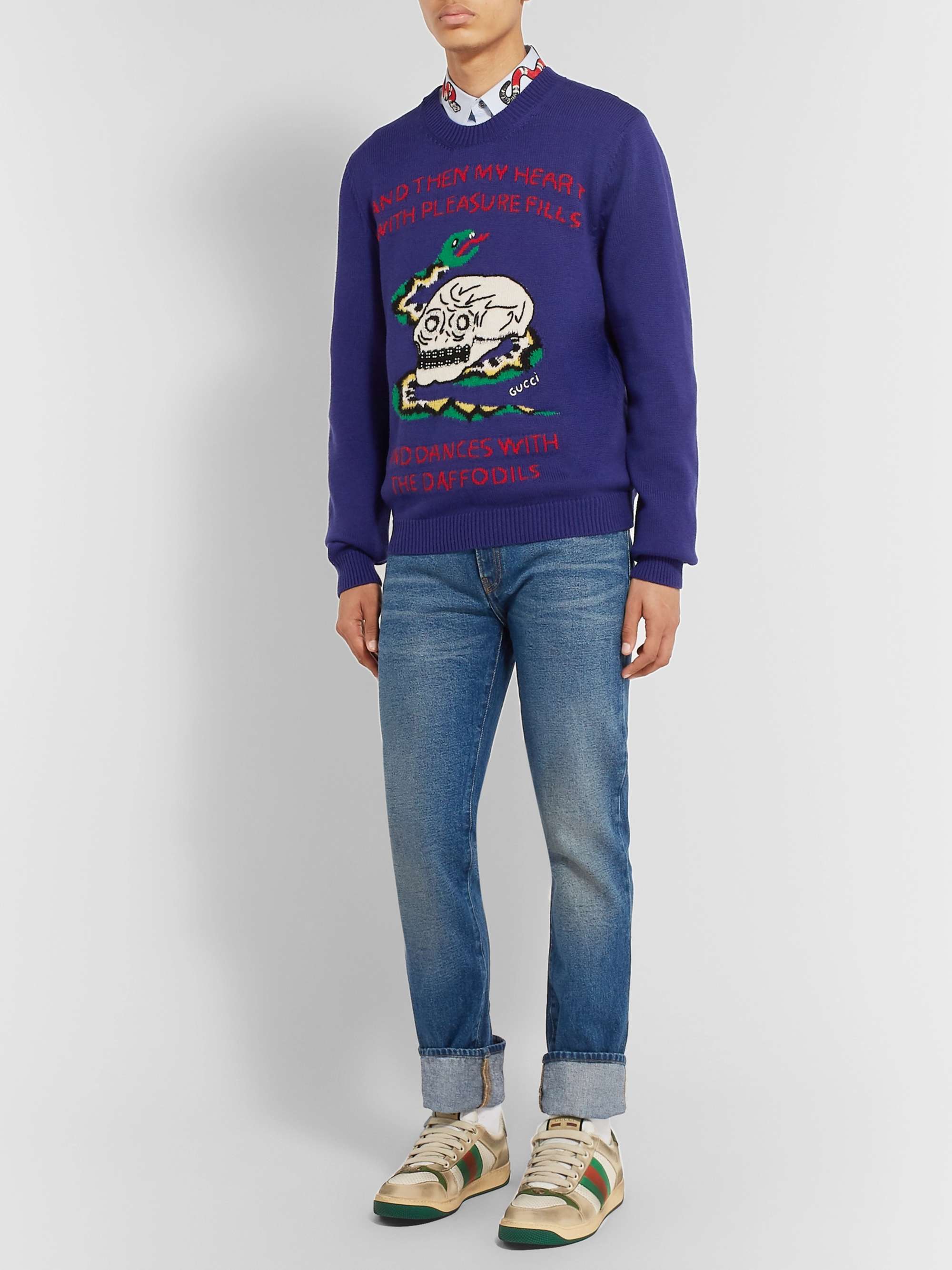 GUCCI Embellished Intarsia Wool and Cotton-Blend Sweater
