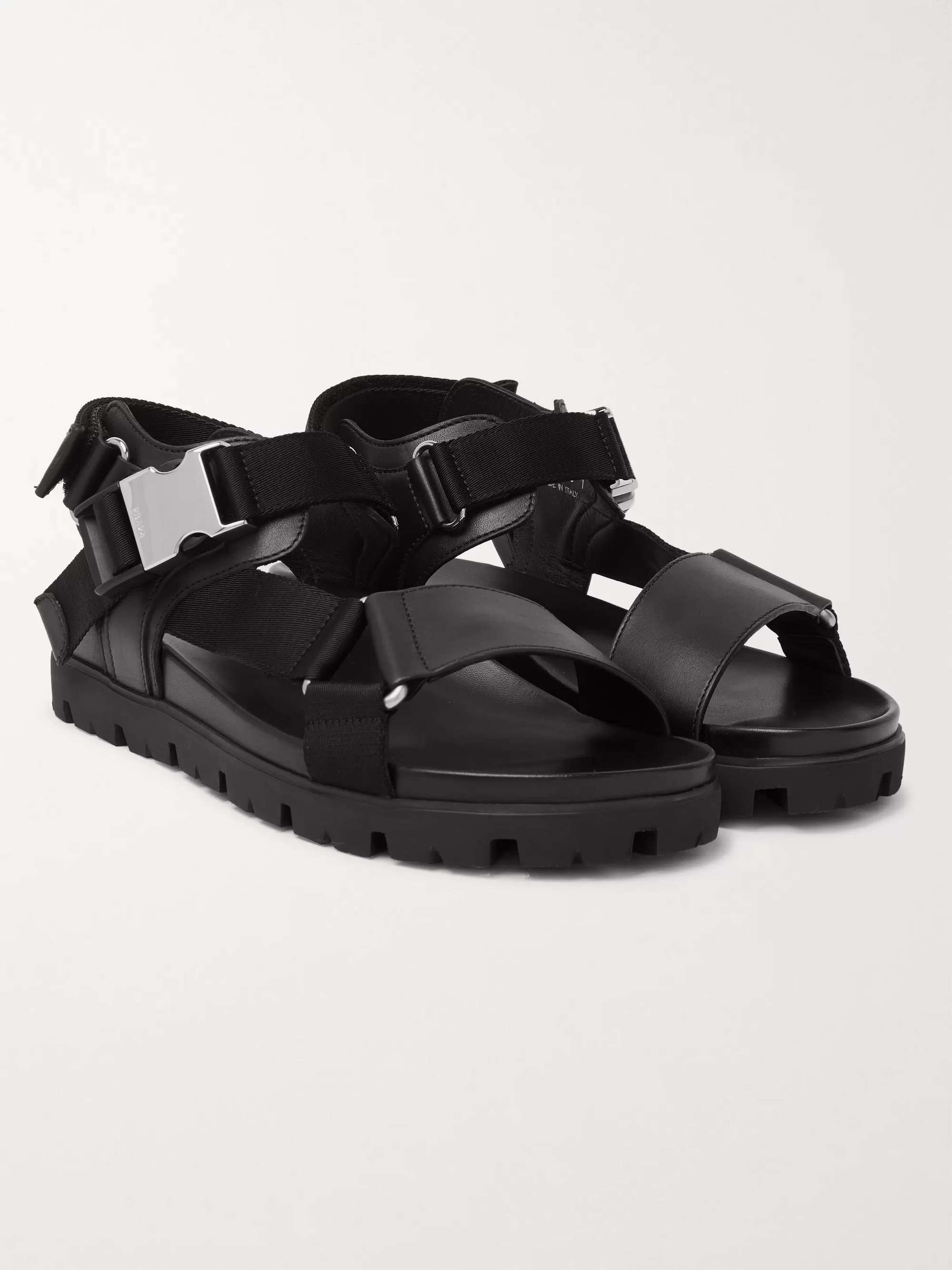 PRADA Webbing-Trimmed Leather Sandals