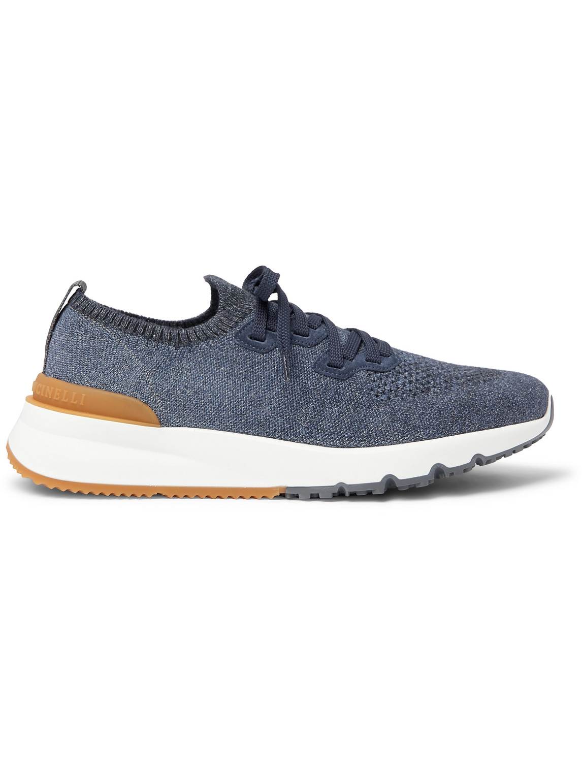 Brunello Cucinelli Suede-trimmed Stretch-knit Sneakers In Blue