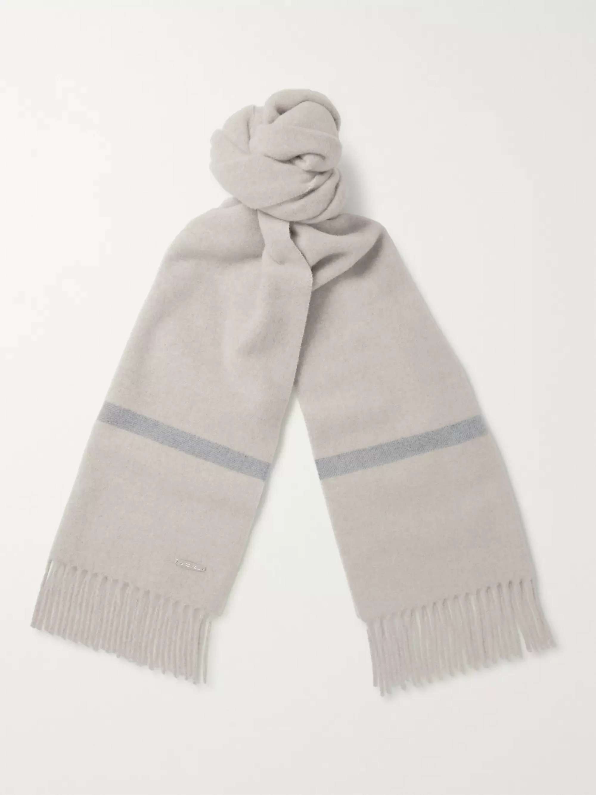 Brunello Cucinelli, Wool and Cashmere Diagonal Scarf with Striped Edge, Grey, One Size