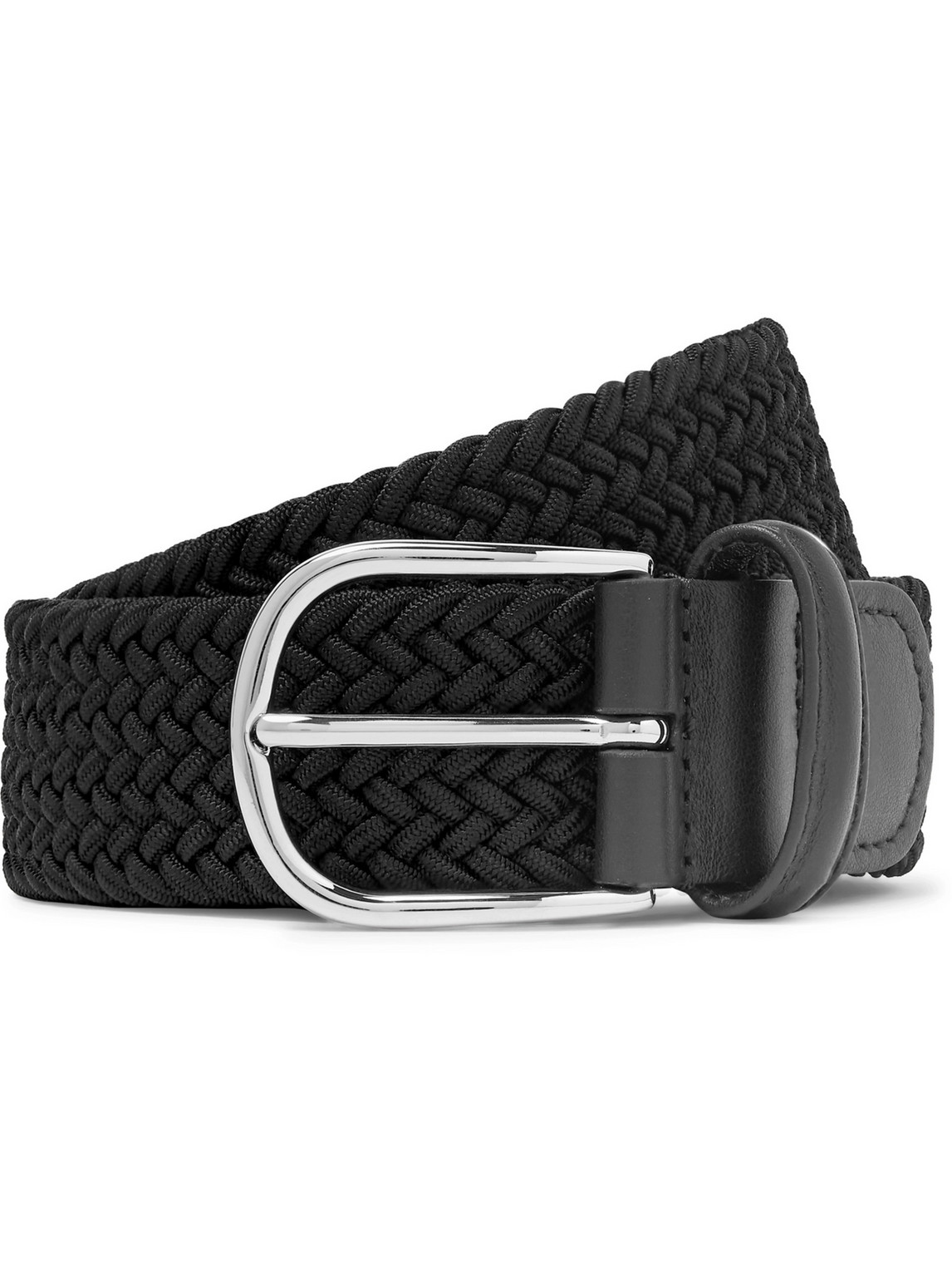 Anderson's 3.5cm Leather-trimmed Woven Elastic Belt In Black