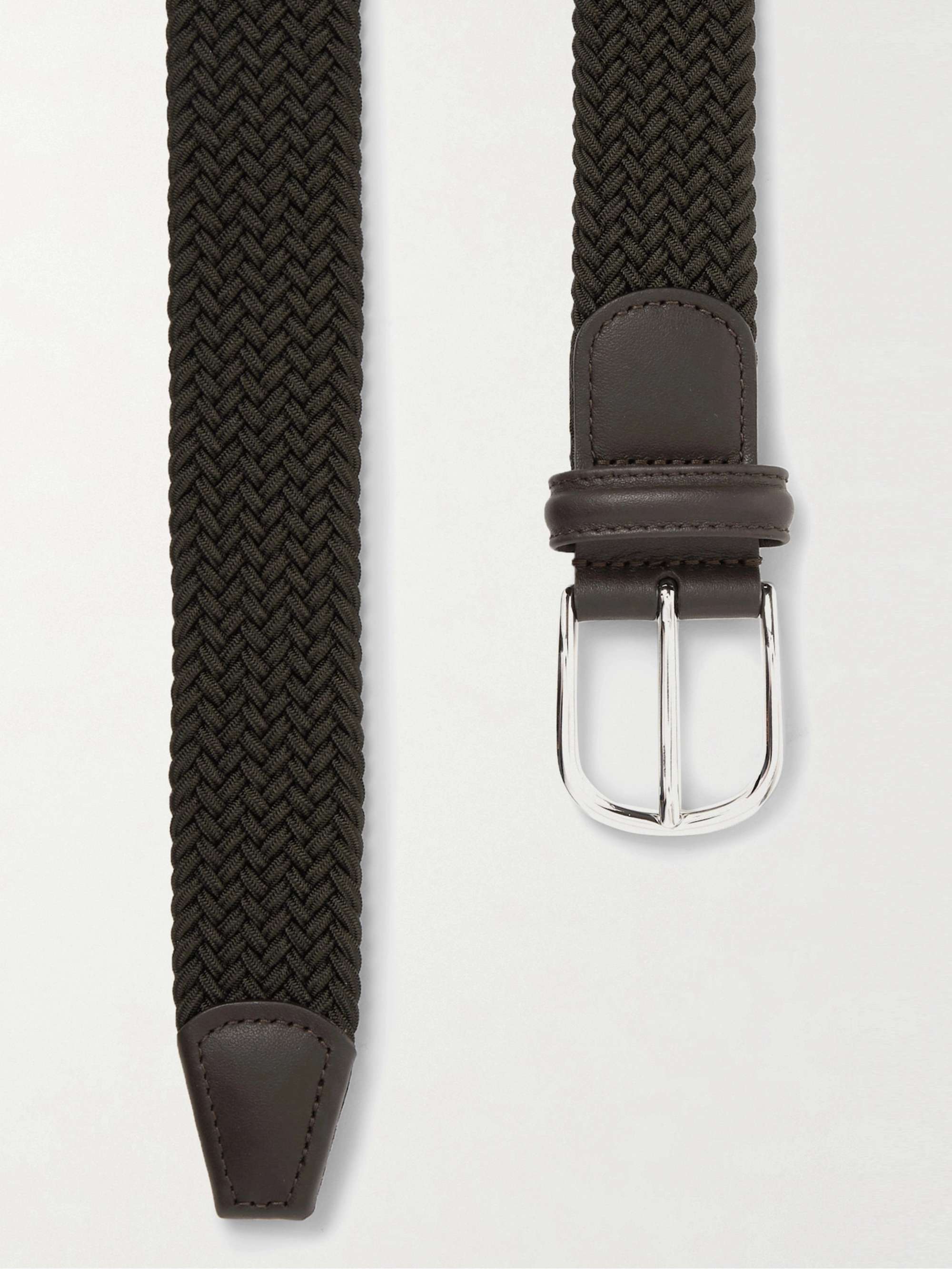 3.5cm Leather-Trimmed Woven Elastic Belt