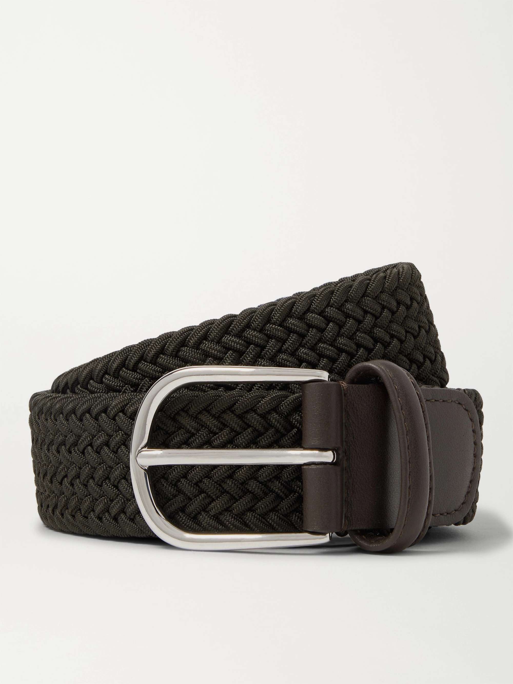 3.5cm Leather-Trimmed Woven Elastic Belt