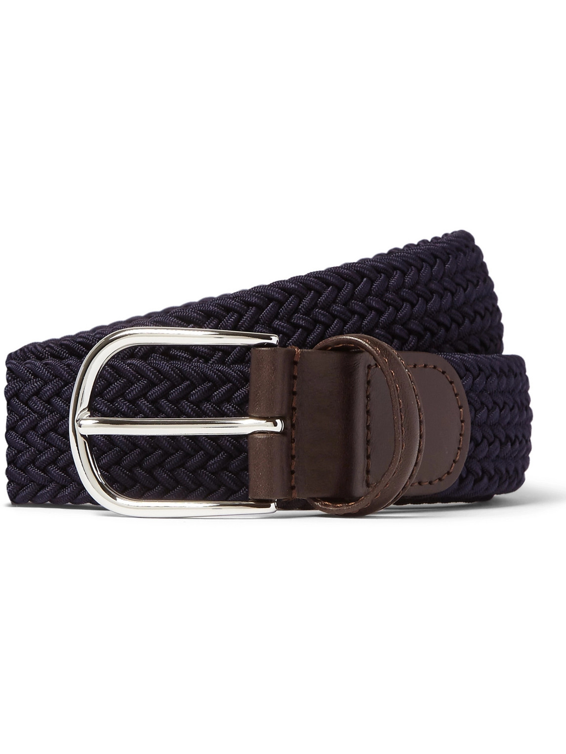 Anderson's 3.5cm Leather-trimmed Woven Elastic Belt In Blue