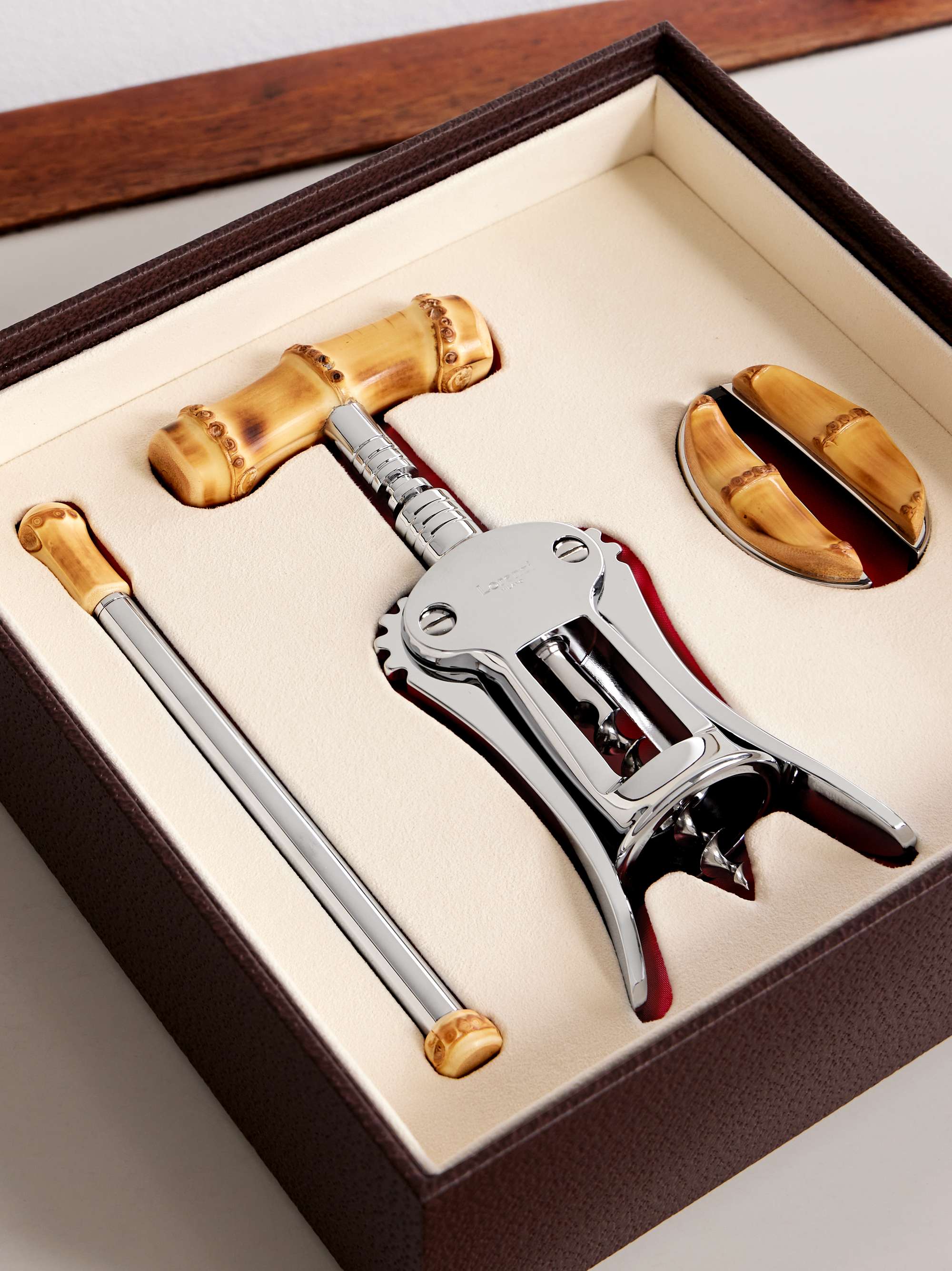 LORENZI MILANO Bamboo And Chrome-Plated Wine Set