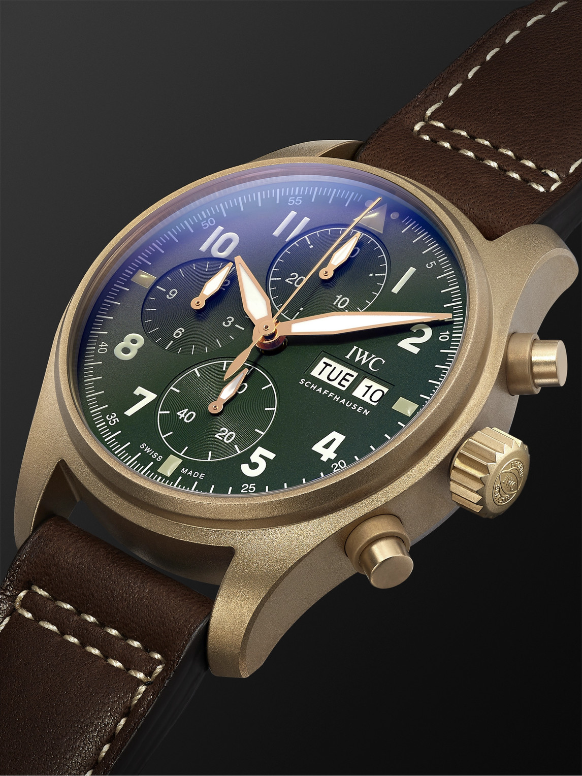 Shop Iwc Schaffhausen Pilot's Spitfire Automatic Chronograph 41mm Bronze And Leather Watch, Ref. No. Iw387902 In Green