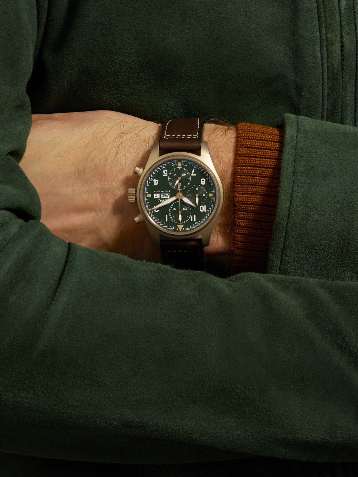 Shop Iwc Schaffhausen Pilot's Spitfire Automatic Chronograph 41mm Bronze And Leather Watch, Ref. No. Iw387902 In Green