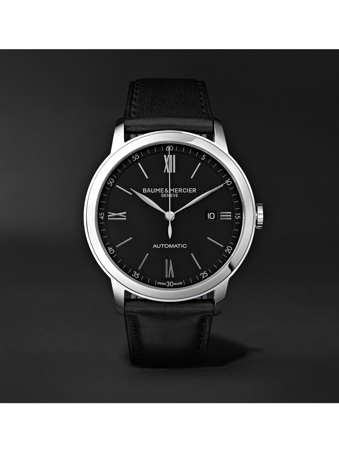 Shop Baume & Mercier Classima Automatic 42mm Stainless Steel And Leather Watch, Ref. No. 10453 In Black