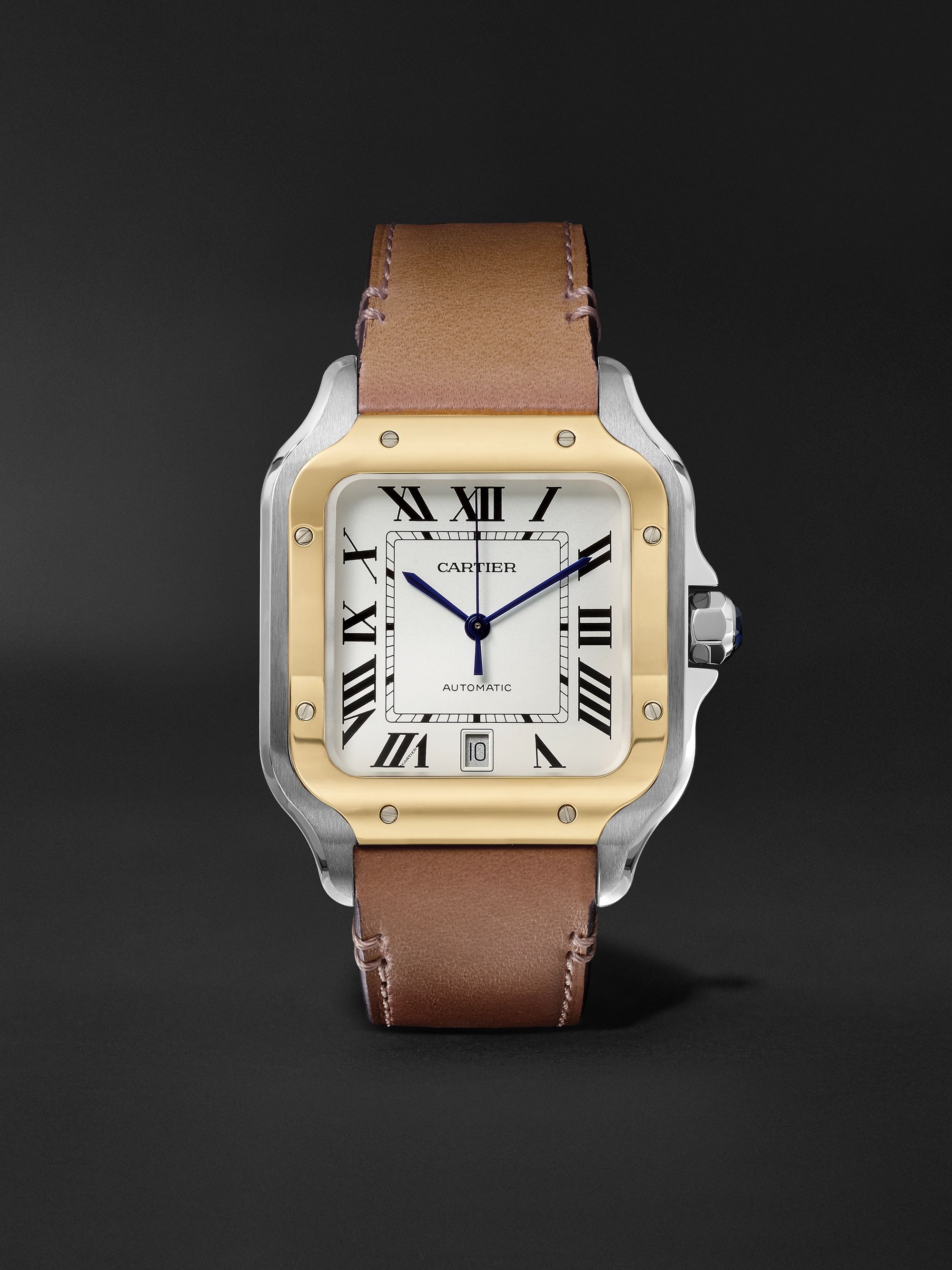 CARTIER Santos Automatic 39.8mm 18-Karat Gold Interchangeable Stainless Steel and Leather Watch, Ref. No. W2SA0006