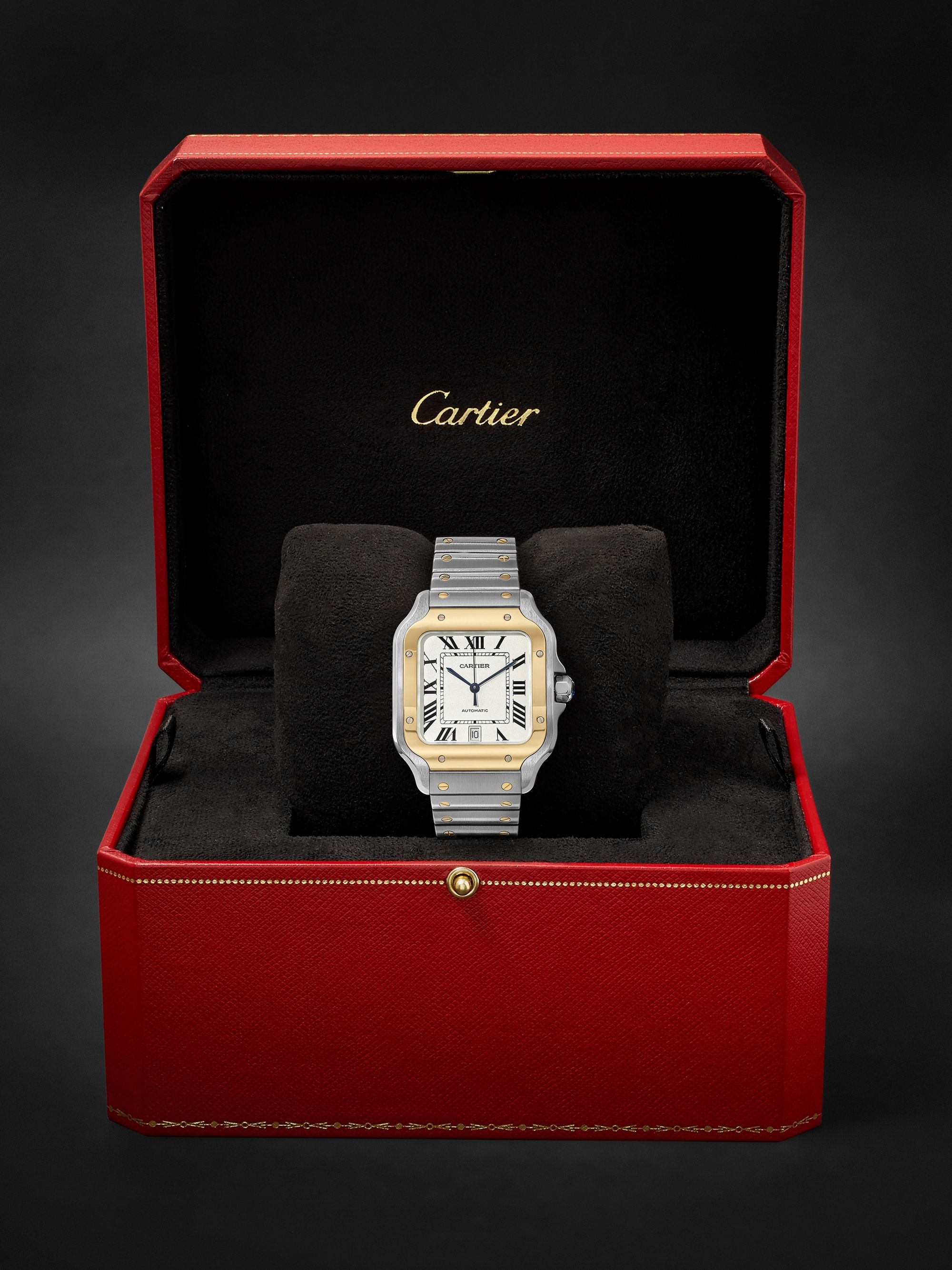 CARTIER Santos Automatic 39.8mm 18-Karat Gold Interchangeable Stainless Steel and Leather Watch, Ref. No. W2SA0006