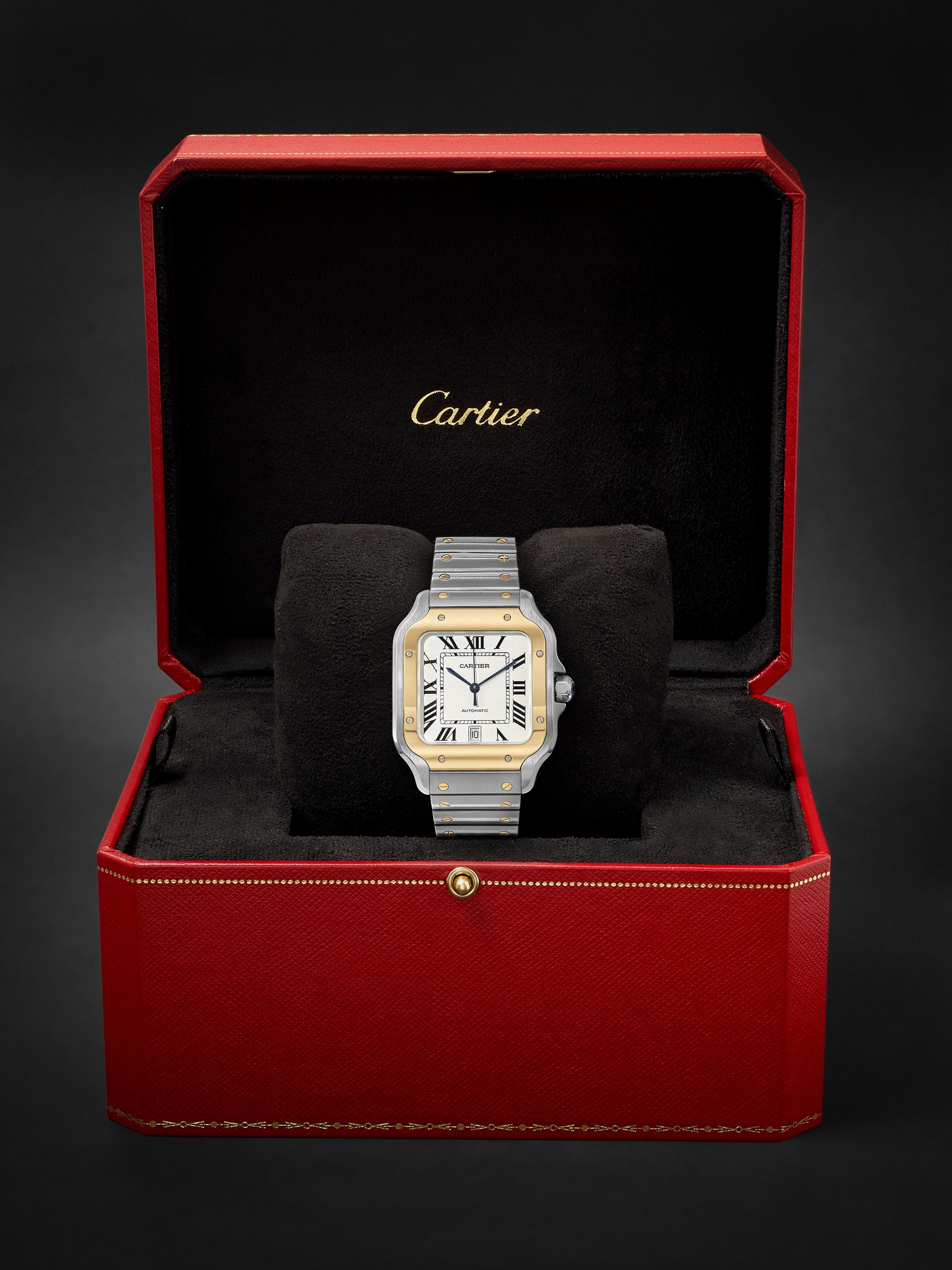 CARTIER Santos Automatic 39.8mm 18-Karat Gold Interchangeable Stainless Steel and Leather Watch, Ref. No. W2SA0006