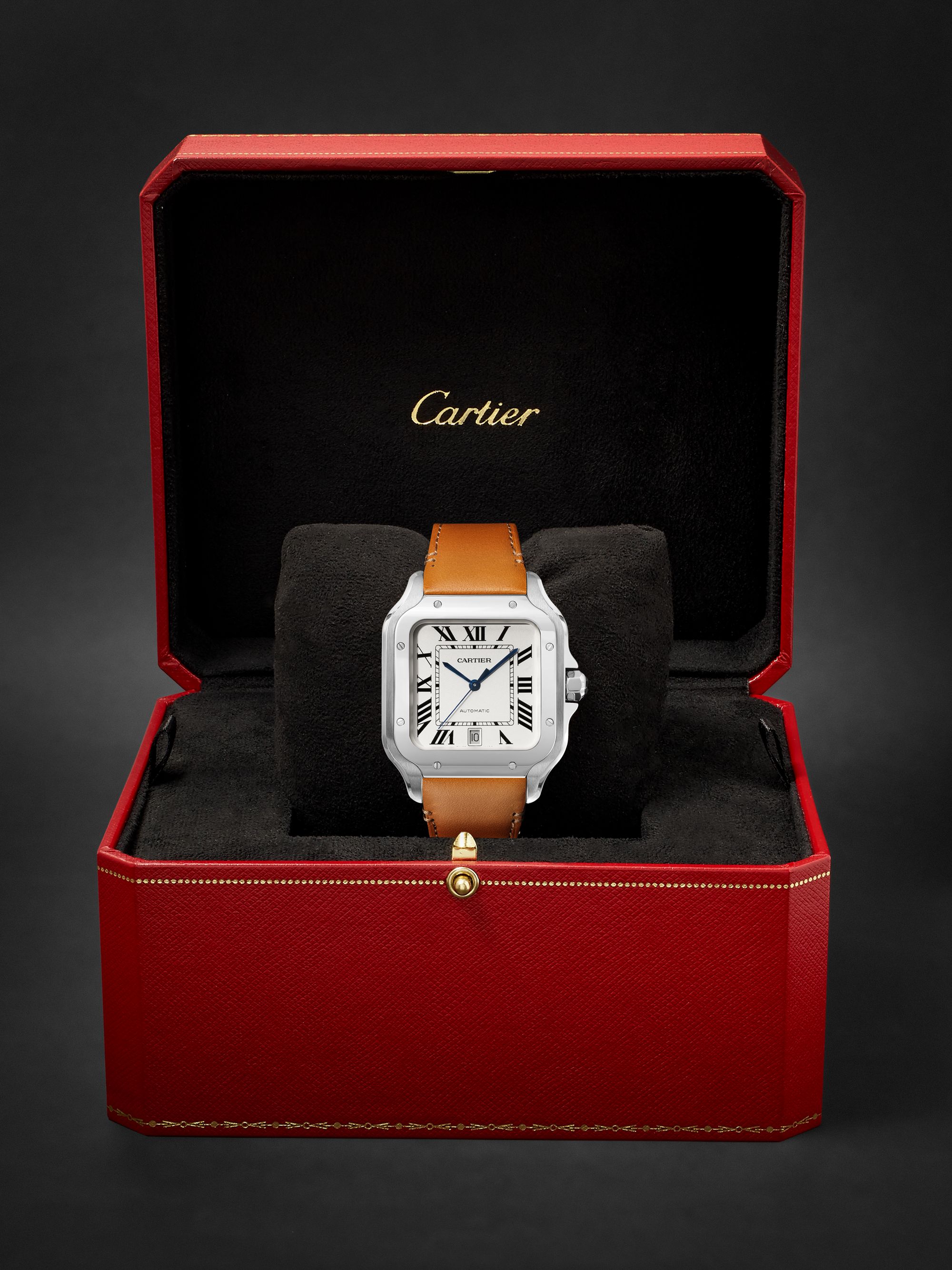 CARTIER Orologio 39,8 mm in acciaio inossidabile con cinturino intercambiabile in pelle Santos, N. rif. CRWSSA0018