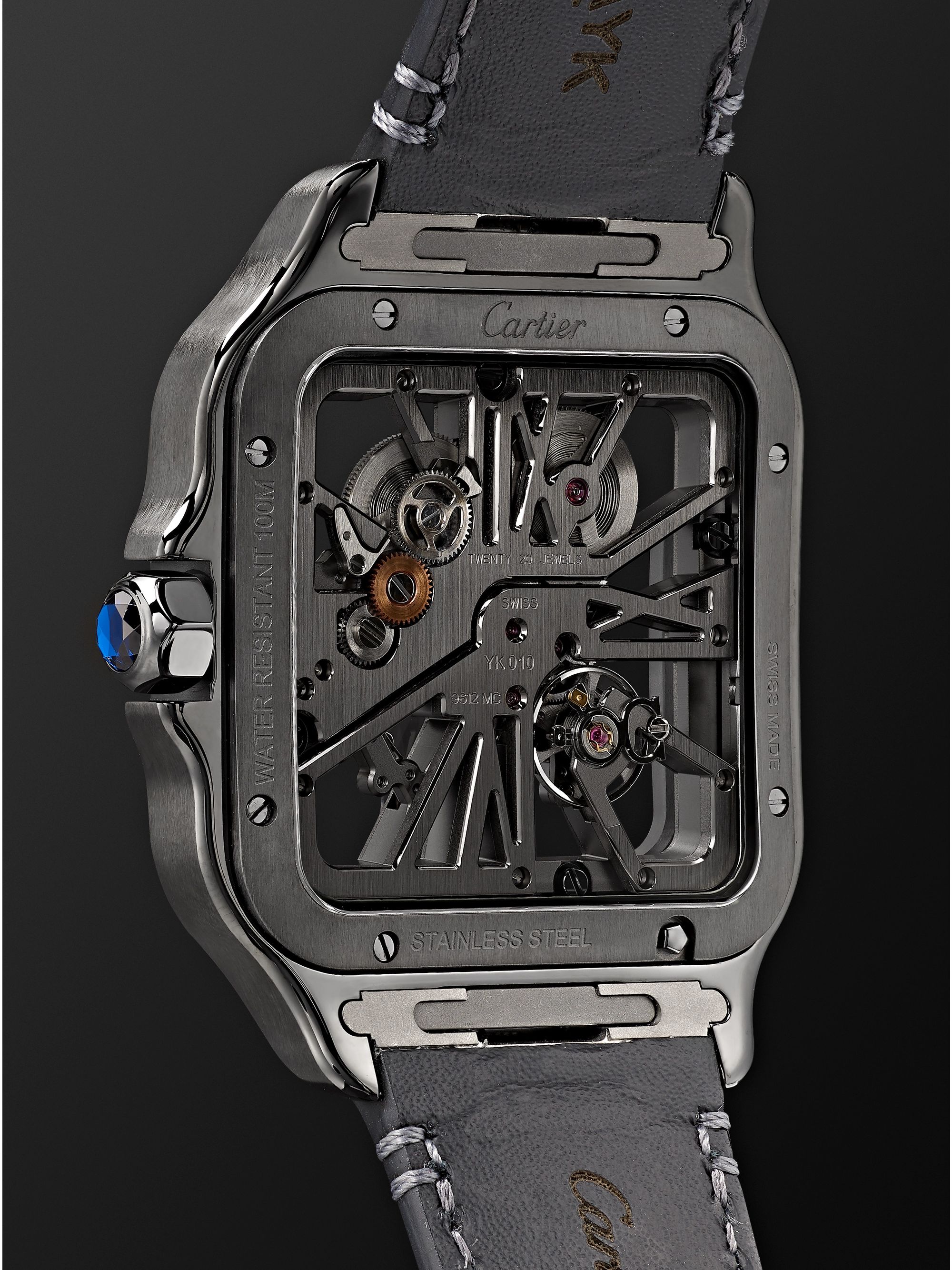 CARTIER Santos de Cartier Skeleton Noctambule Hand-Wound 39.8mm ADLC-Coated Stainless Steel and Alligator Watch
