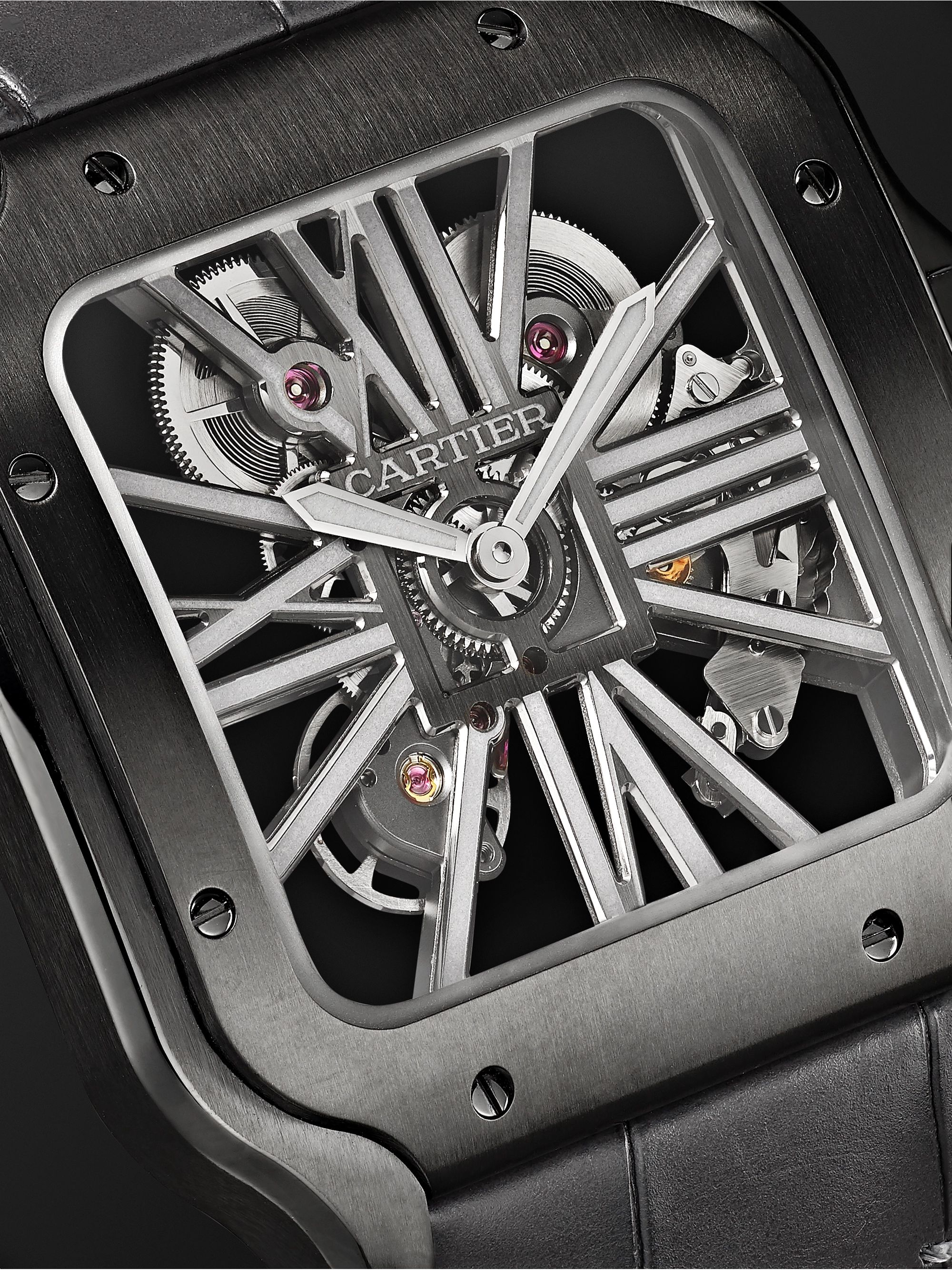 CARTIER Santos de Cartier Skeleton Noctambule Hand-Wound 39.8mm ADLC-Coated Stainless Steel and Alligator Watch