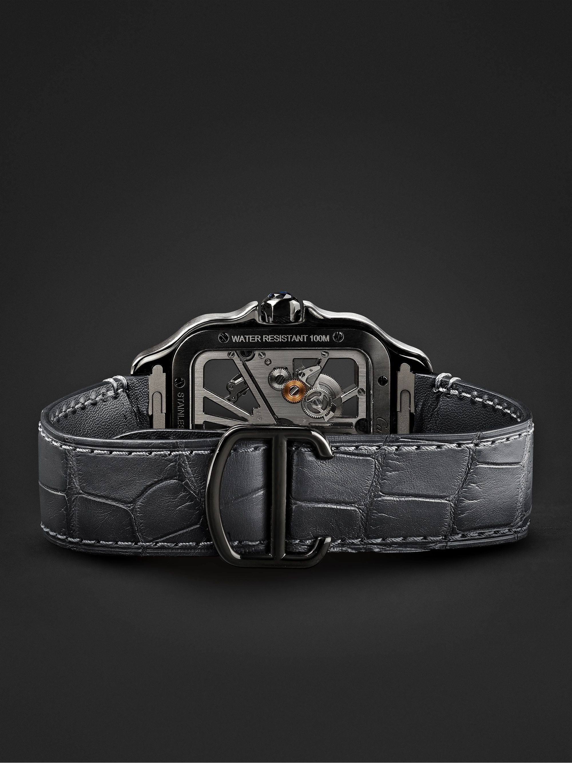 CARTIER Santos de Cartier Skeleton Noctambule Hand-Wound 39.8mm ADLC-Coated Stainless Steel and Alligator Watch