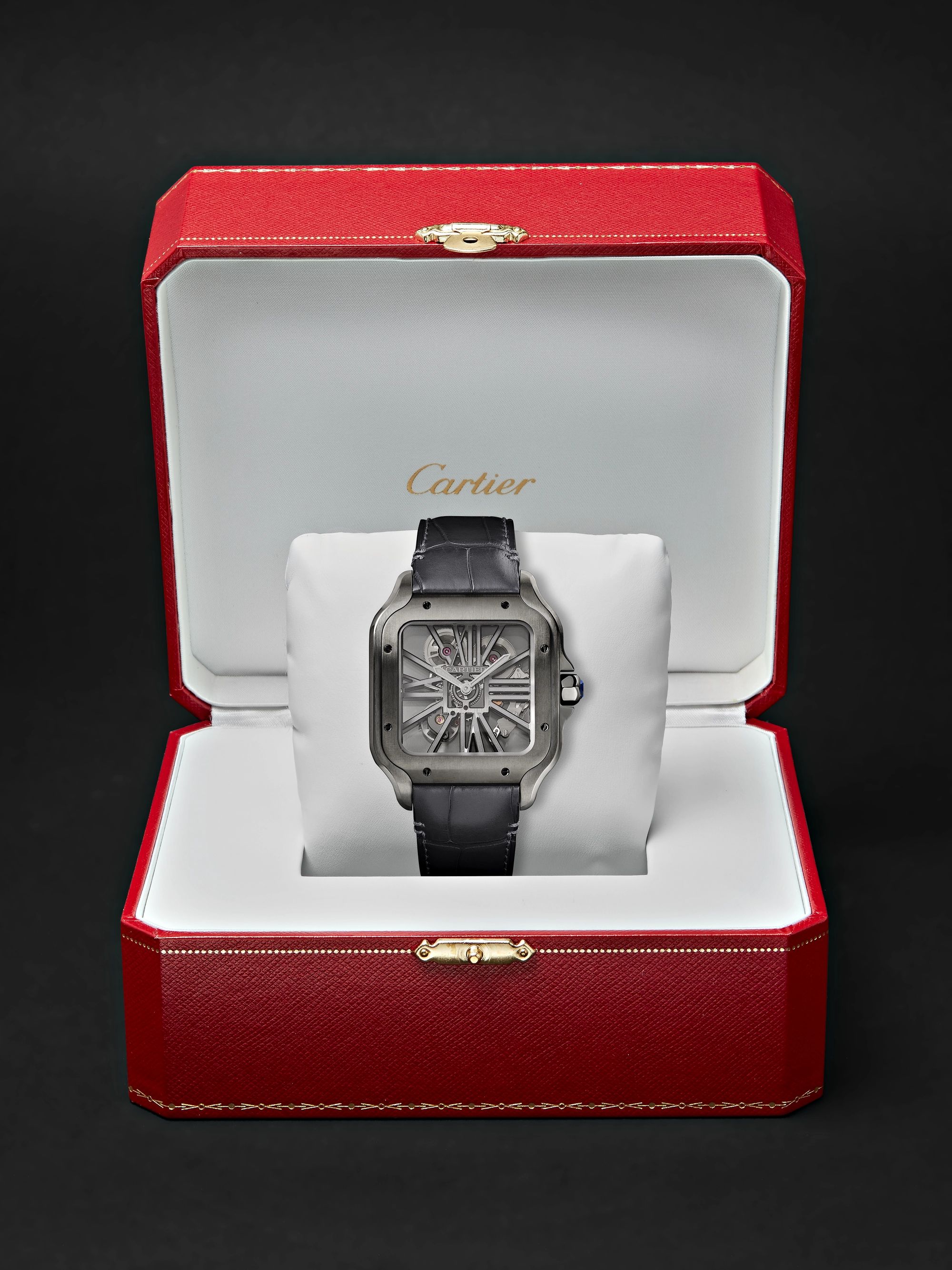 CARTIER Santos de Cartier Skeleton Noctambule Hand-Wound 39.8mm ADLC-Coated Stainless Steel and Alligator Watch